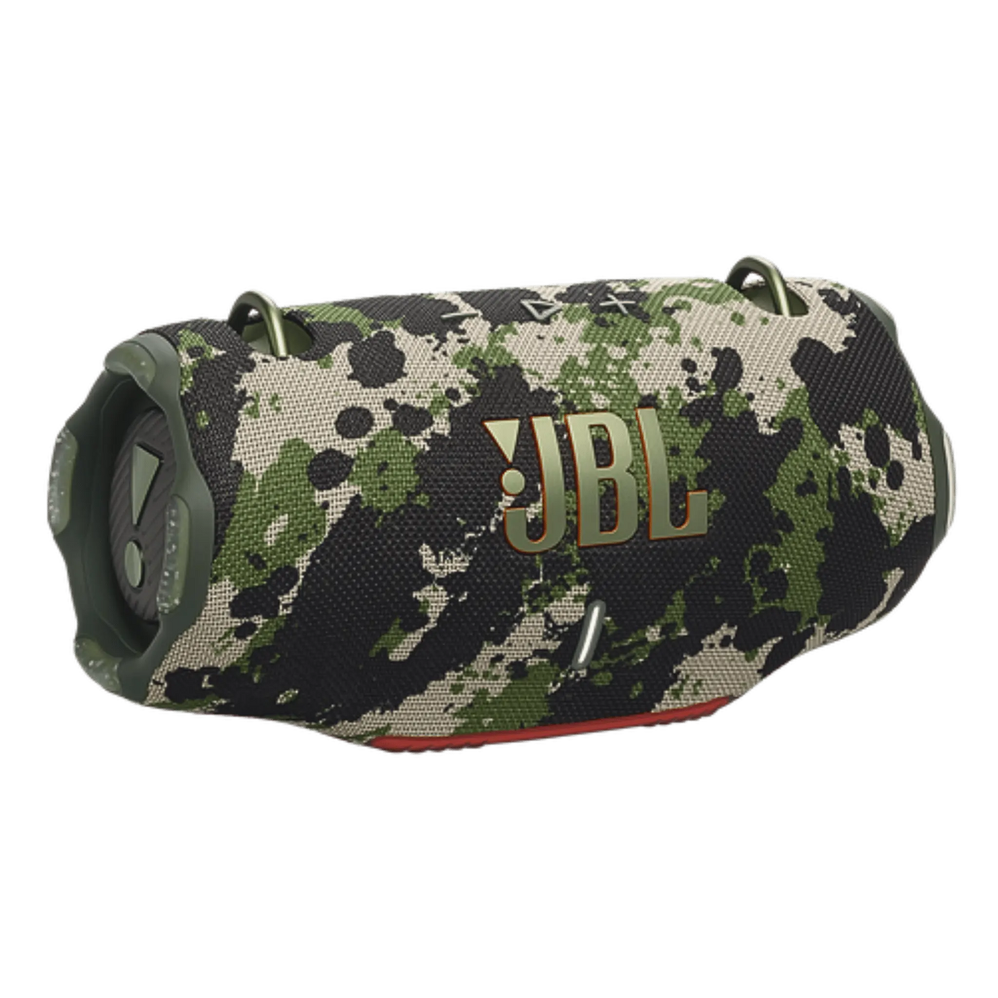 JBL Xtreme 4 portable Bluetooth speaker in camo pattern, open box, showcasing rugged design and control buttons.