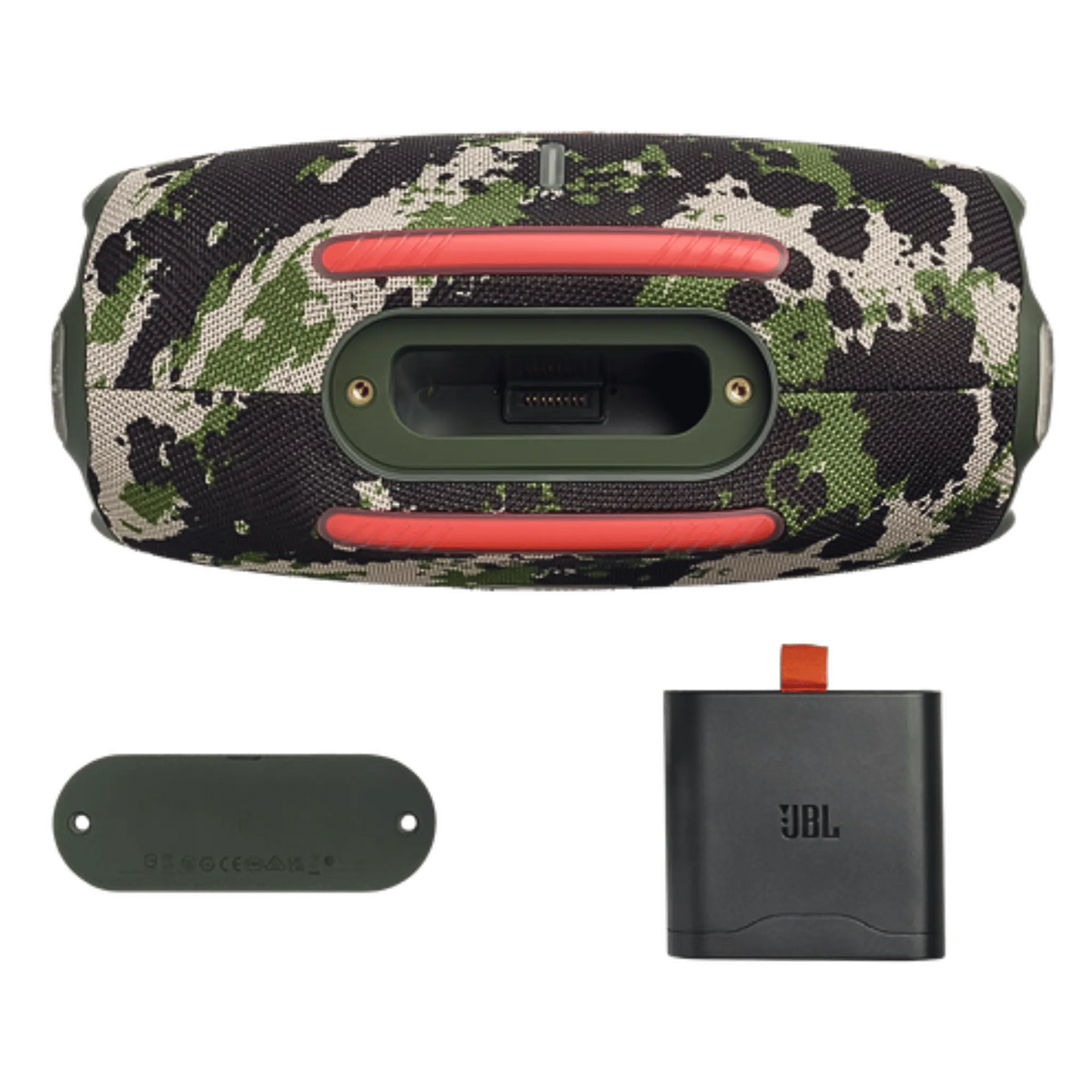 JBL Xtreme 4 portable Bluetooth speaker in camouflage color, open box, with rugged design and control buttons visible.