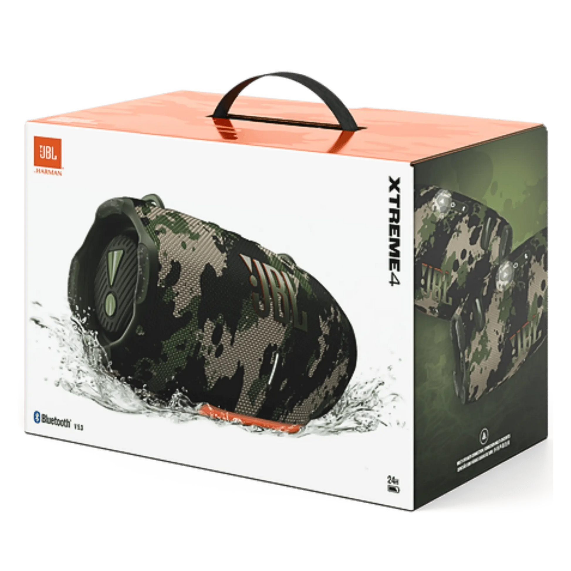 JBL Xtreme 4 portable Bluetooth speaker in camo design, open box, showing rugged exterior and control buttons.