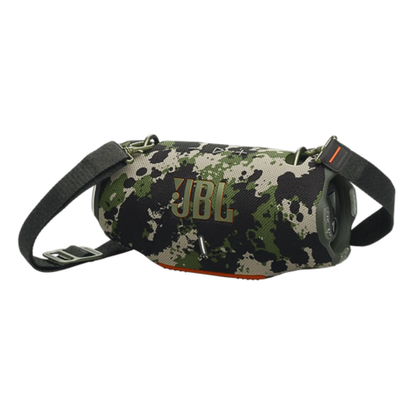JBL Xtreme 4 portable Bluetooth speaker in camouflage design, open box, showing rugged exterior and control buttons.
