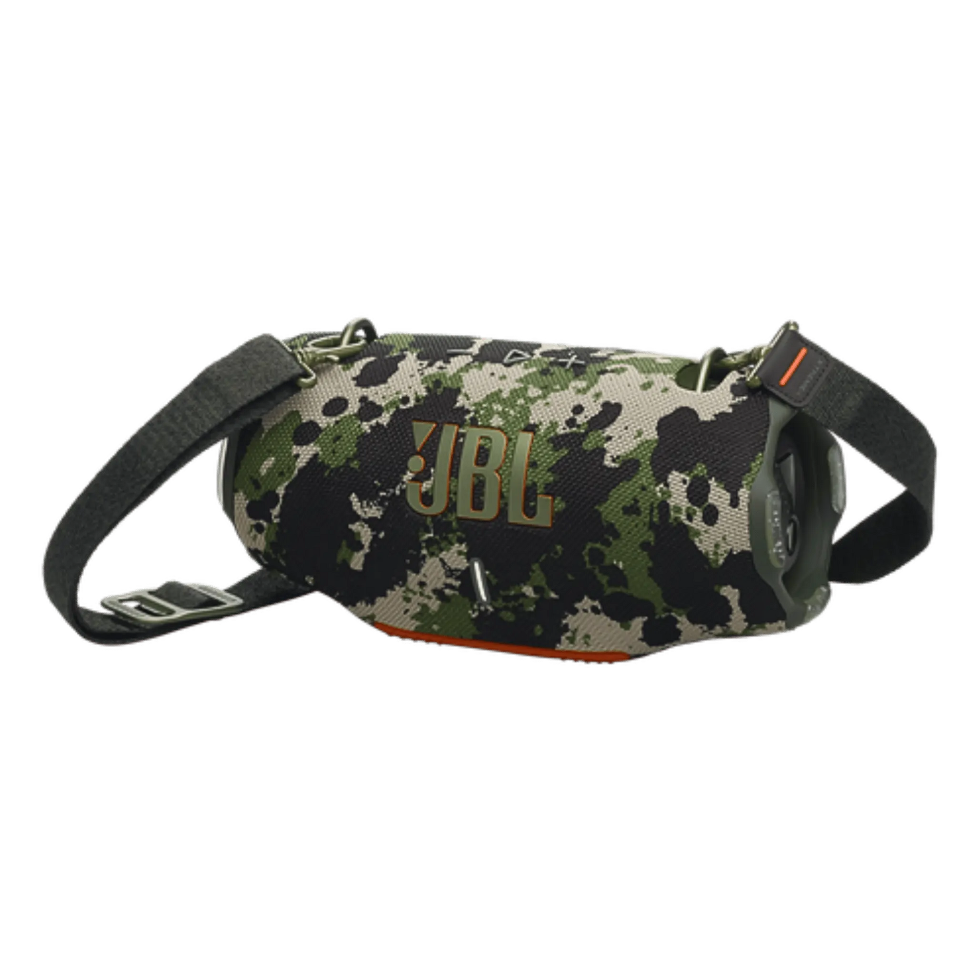 JBL Xtreme 4 portable Bluetooth speaker in camouflage design, open box, showing rugged exterior and control buttons.