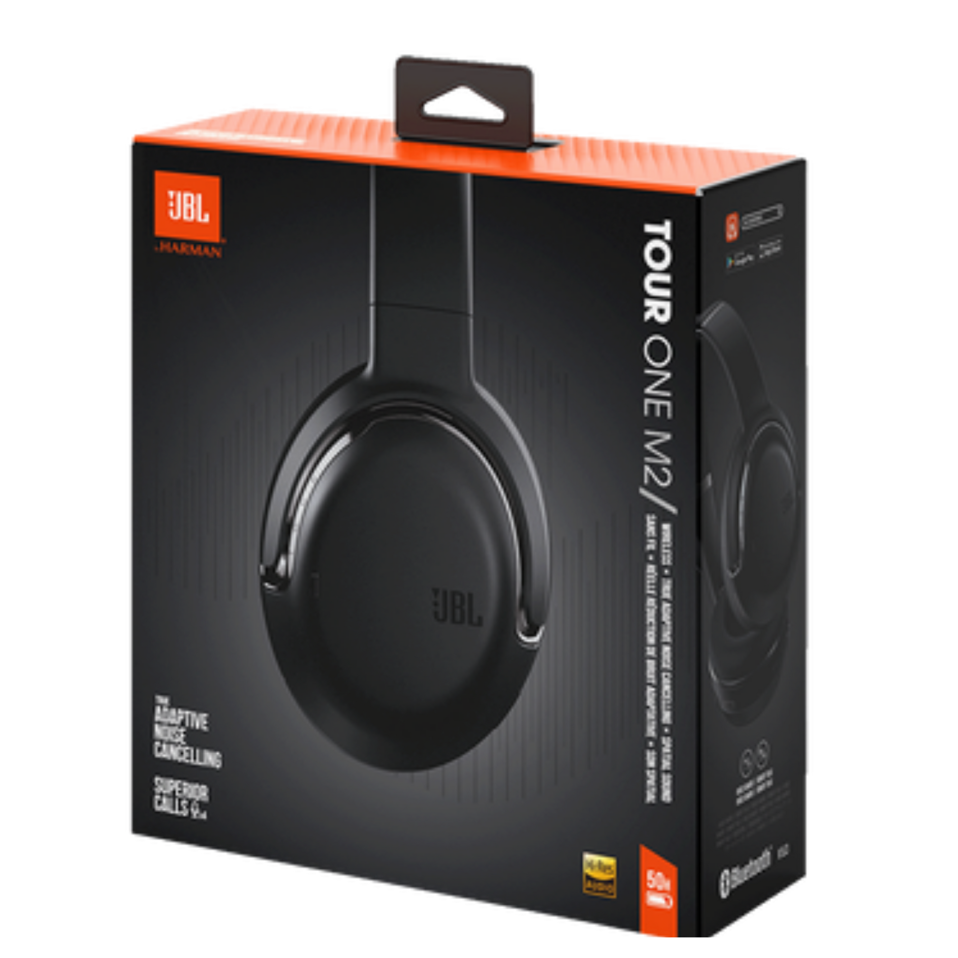 JBL Tour One M2 over-ear headphones in black with cushioned ear cups and adjustable headband, designed for premium audio comfort.