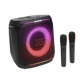 Open box JBL Encore 2 splashproof Bluetooth party speaker with two microphones, showing the sleek black design and control buttons.