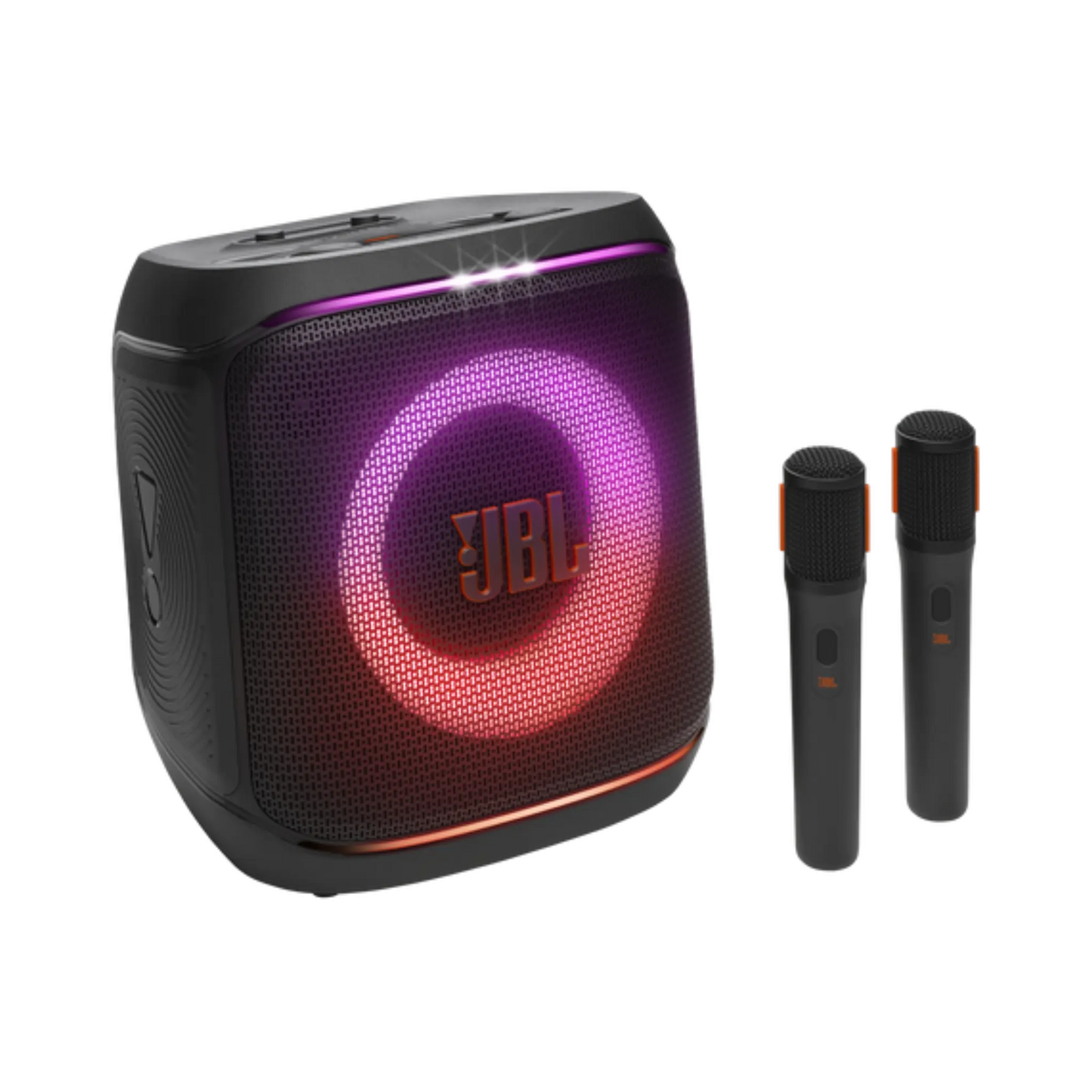 Open box JBL Encore 2 splashproof Bluetooth party speaker with two microphones, showing the sleek black design and control buttons.