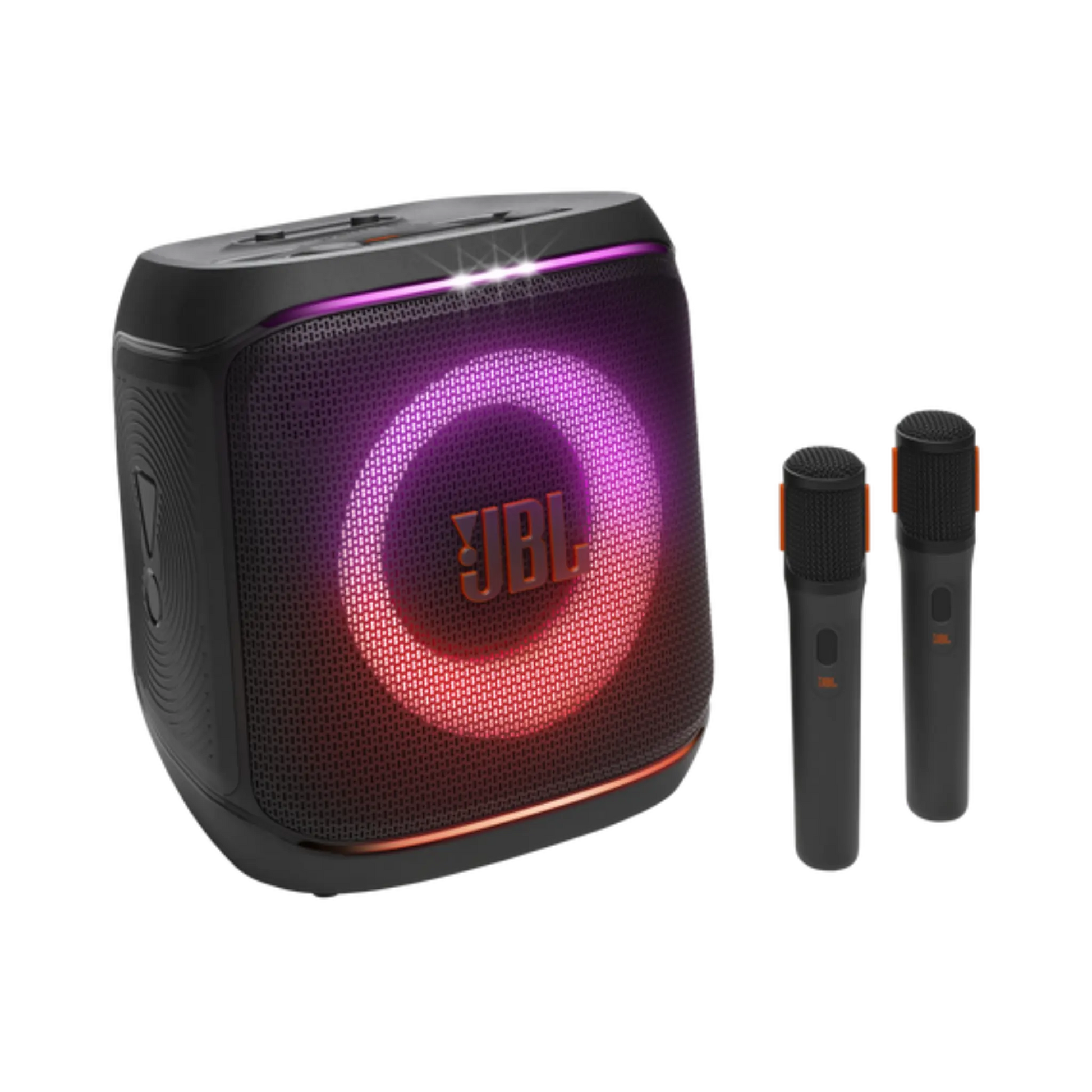 Open box JBL Encore 2 splashproof Bluetooth party speaker with two microphones, showing the sleek black design and control buttons.