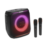 Open box JBL Encore 2 splashproof Bluetooth party speaker with two microphones, showing the sleek black design and control buttons.