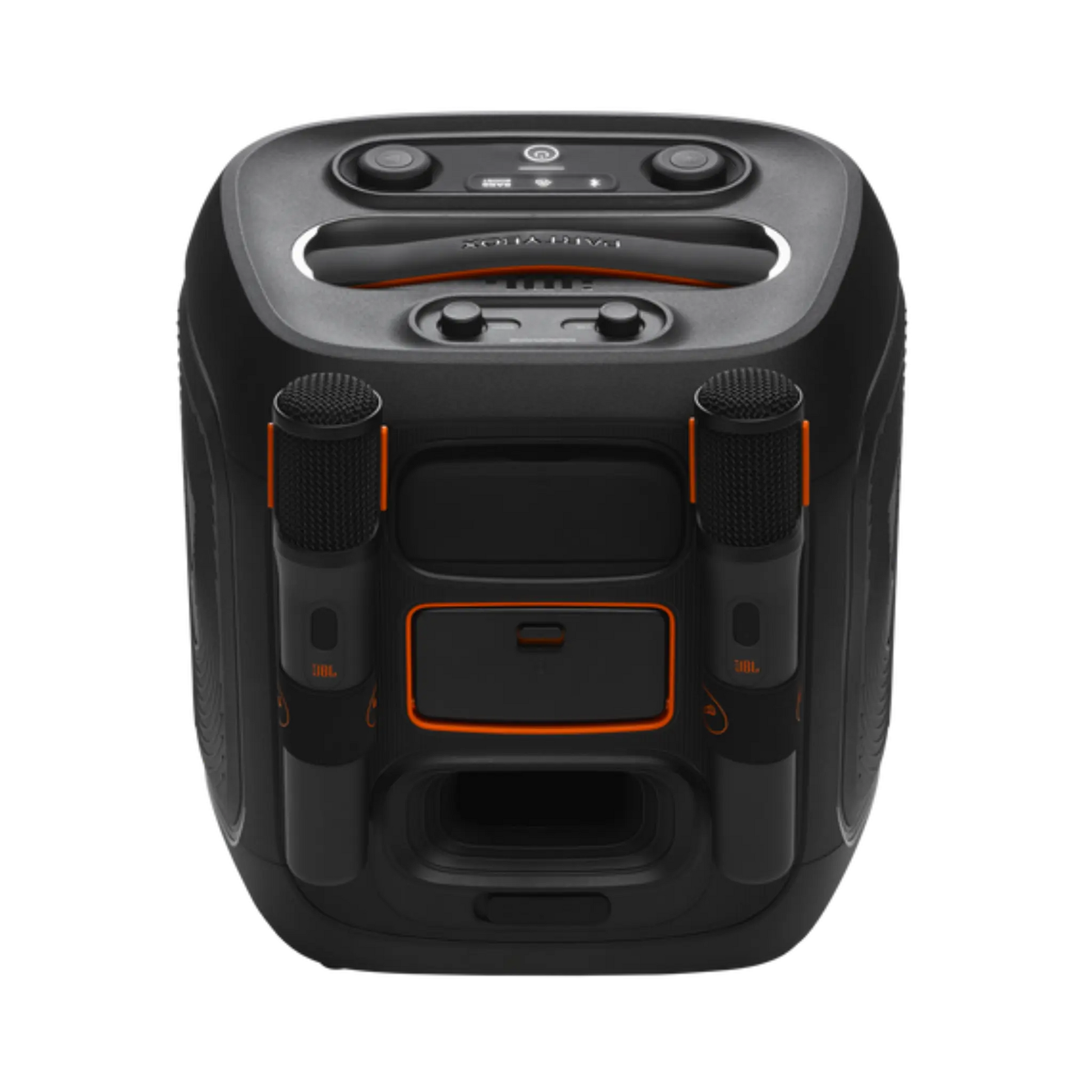 Open box JBL Encore 2 splashproof Bluetooth party speaker with two microphones, wireless design, and vibrant sound.