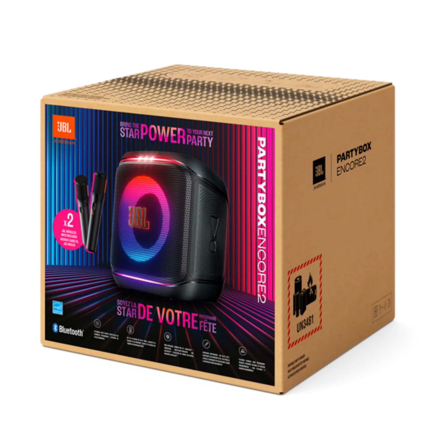 Open box JBL Encore 2 splashproof Bluetooth wireless party speaker with two microphones, designed for lively gatherings and outdoor use.