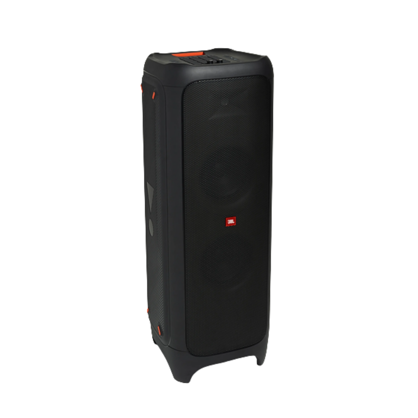 Open box JBL PartyBox 1000 Bluetooth wireless party speaker with large grille and control panel showing on the top.