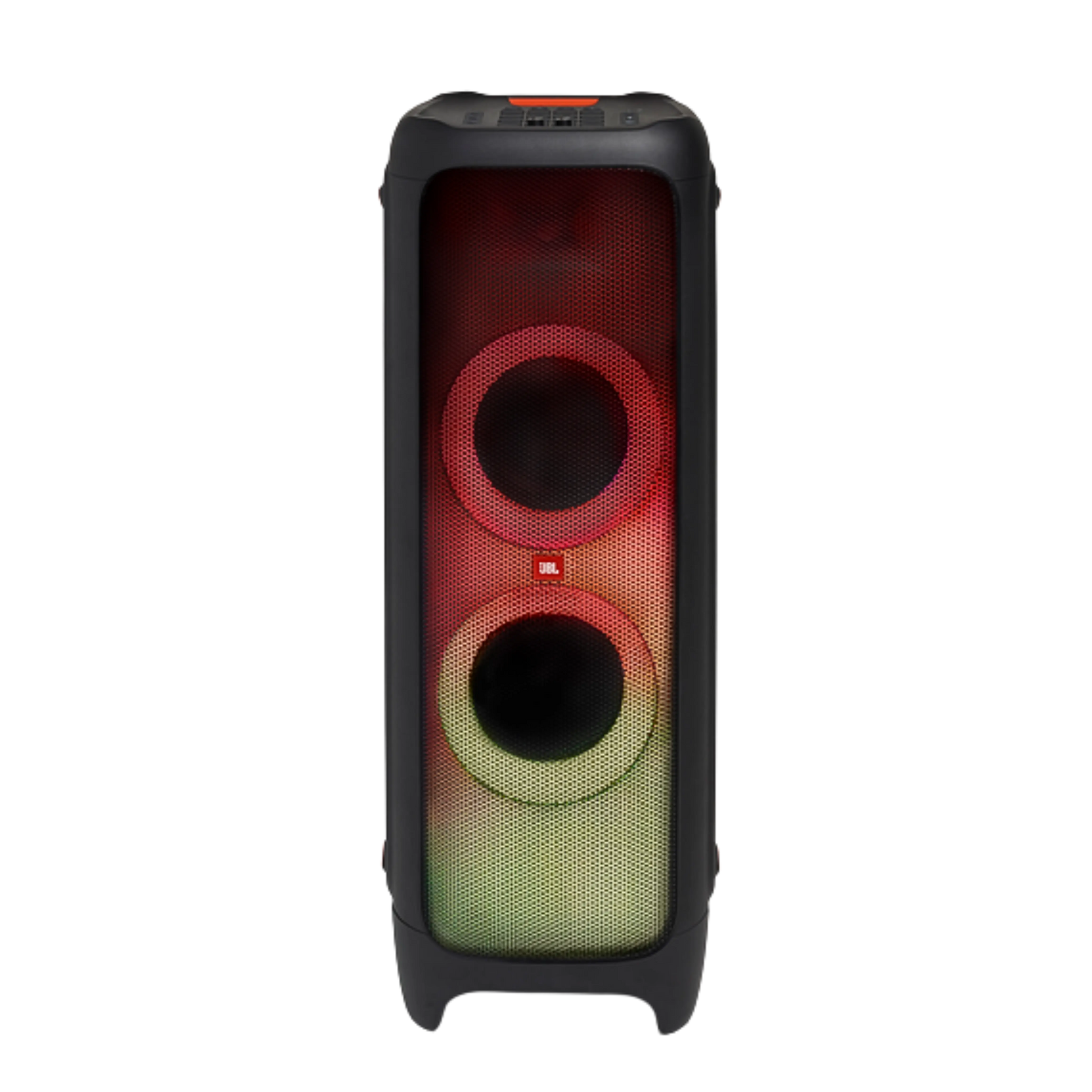 Open box JBL PartyBox 1000 Bluetooth wireless speaker with large speaker drivers and control panel, designed for powerful party sound.