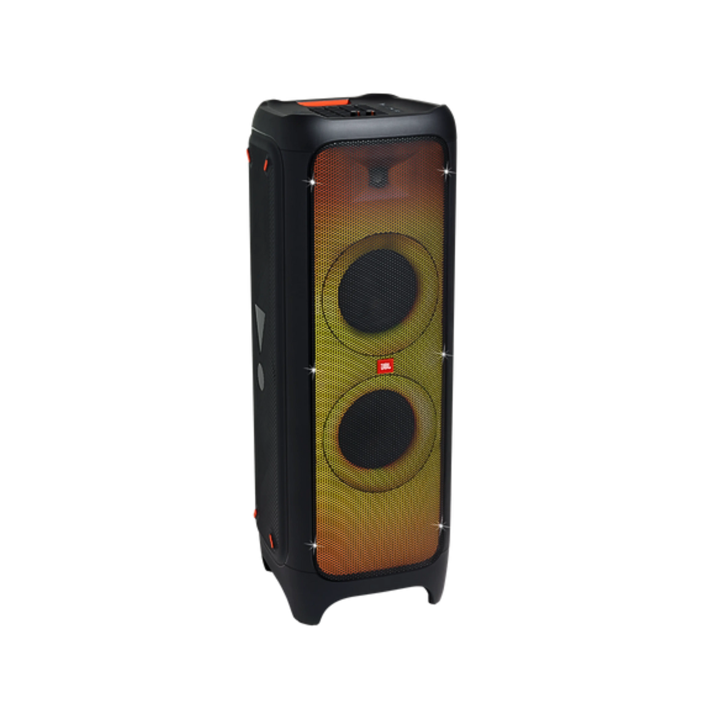 Open box JBL PartyBox 1000 Bluetooth wireless party speaker with large speaker grille and control panel showing on top.