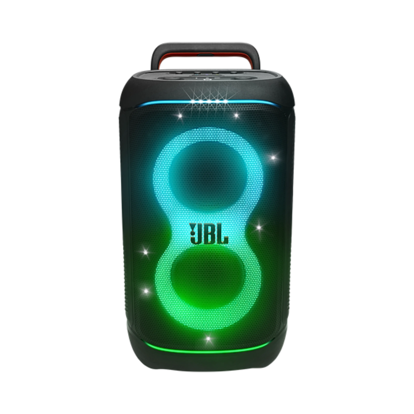 Open box JBL PartyBox 520 splashproof Bluetooth wireless party speaker in black, showing its rugged design and control panel.