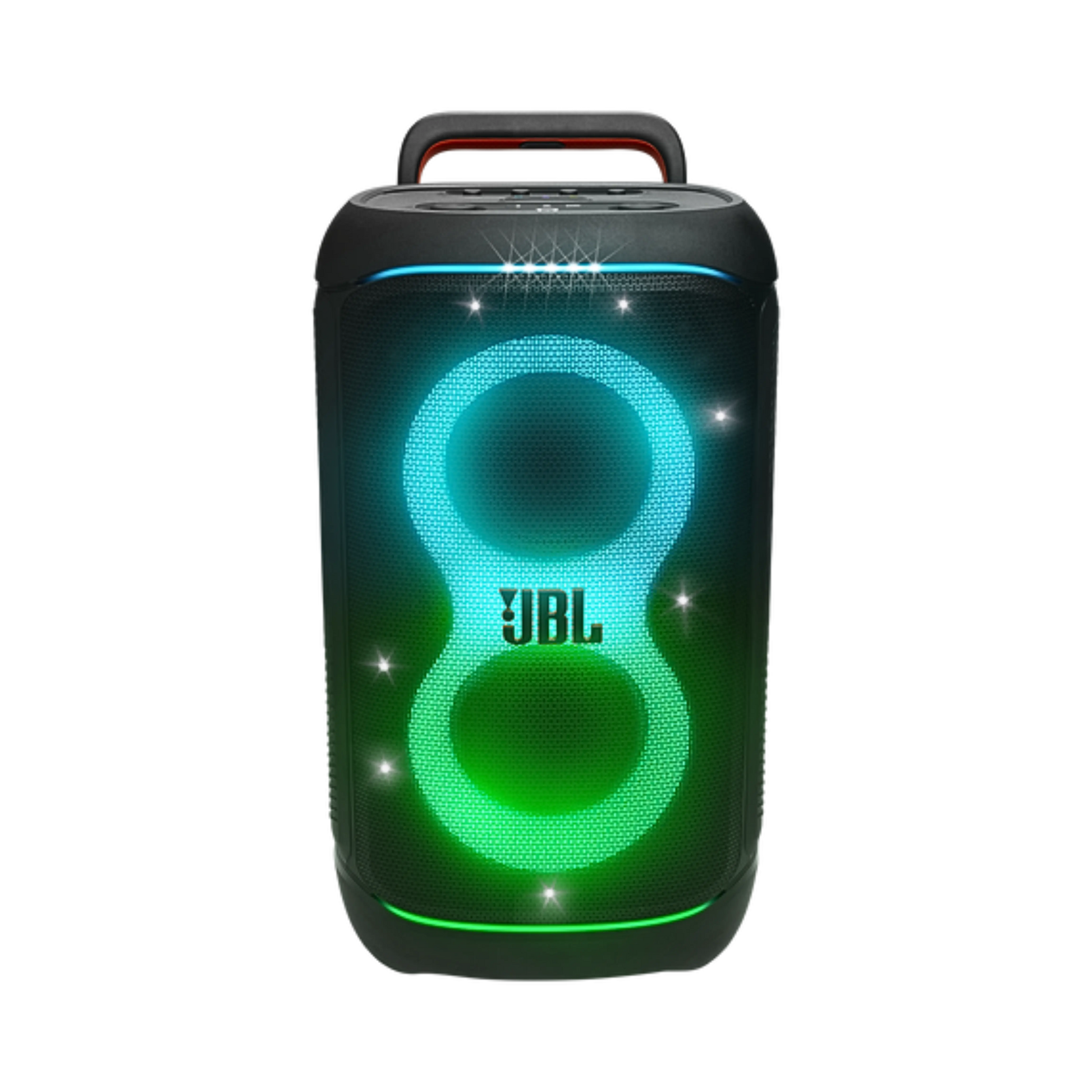 Open box JBL PartyBox 520 splashproof Bluetooth wireless party speaker in black, showing its rugged design and control panel.