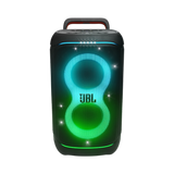 Open box JBL PartyBox 520 splashproof Bluetooth wireless party speaker in black, showing its rugged design and control panel.