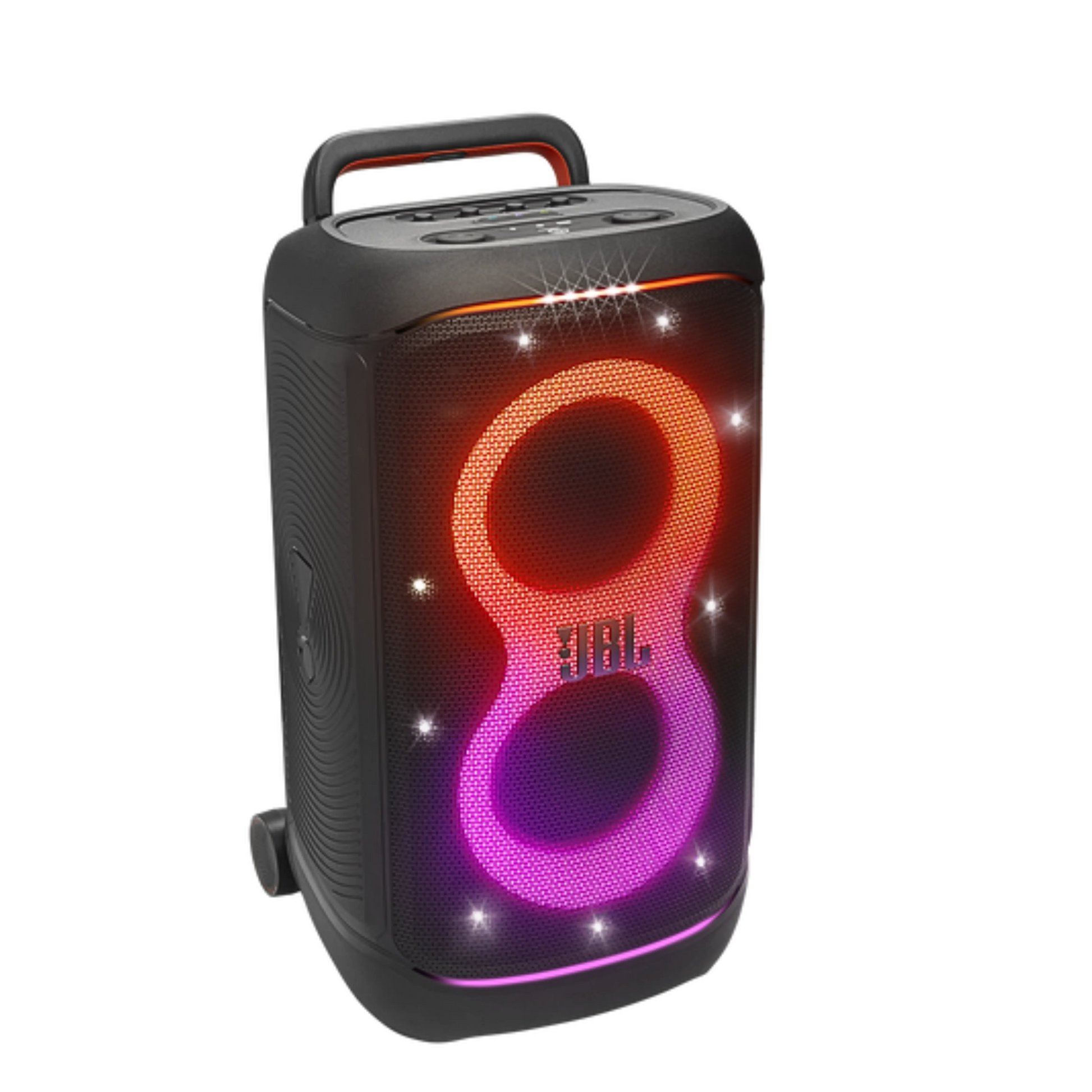 Open box JBL PartyBox 520 splashproof Bluetooth wireless party speaker in black, showing its large speaker grille and control panel.