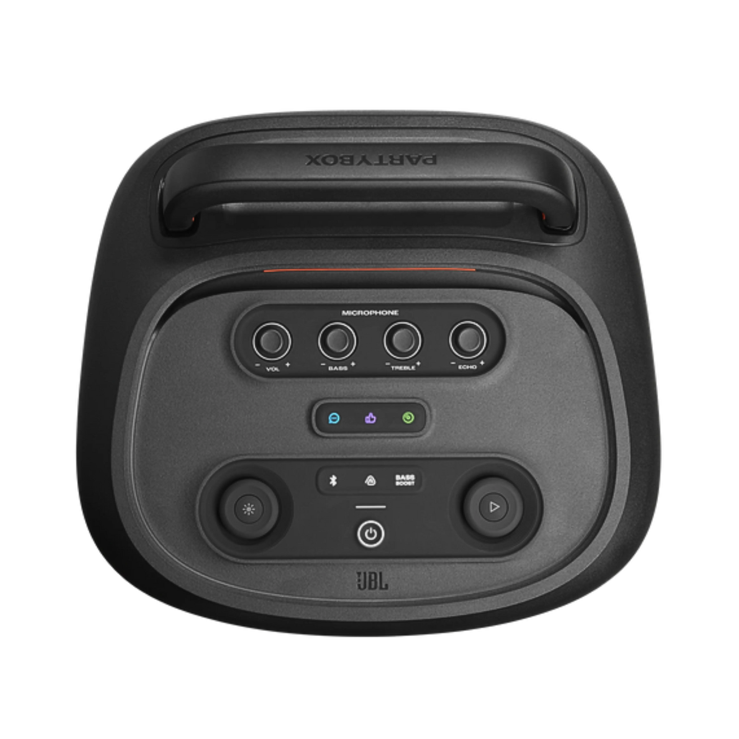 Open box JBL PartyBox 520 splashproof Bluetooth wireless party speaker in black, showing its large speaker grille and control panel.