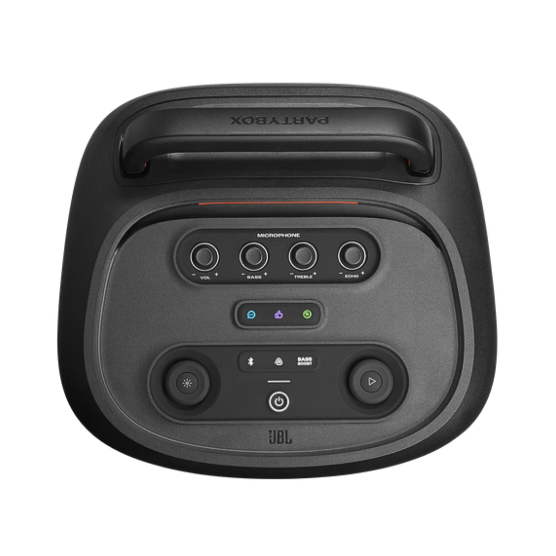 Open box JBL PartyBox 520 splashproof Bluetooth wireless party speaker in black, showing its large speaker grille and control panel.