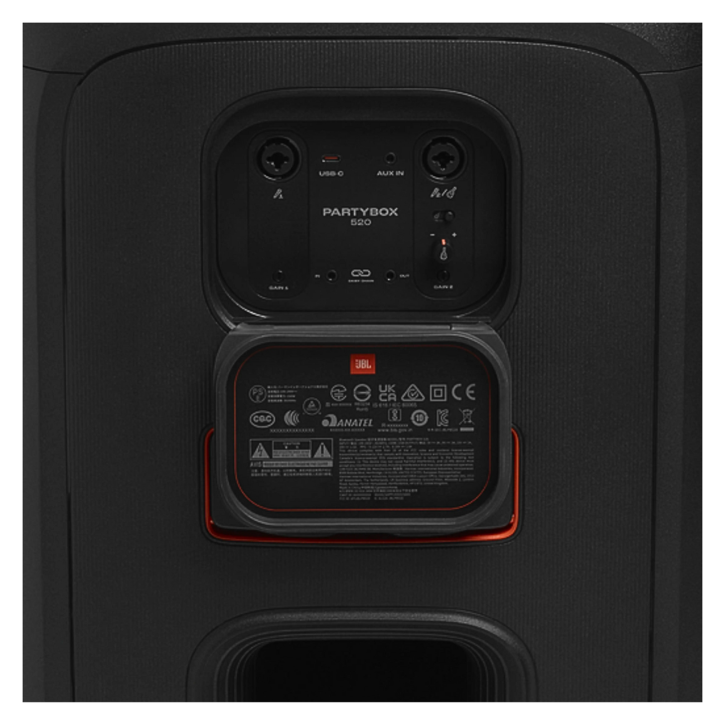 Open box JBL PartyBox 520 splashproof Bluetooth wireless party speaker in black, showing its rugged design and control panel.
