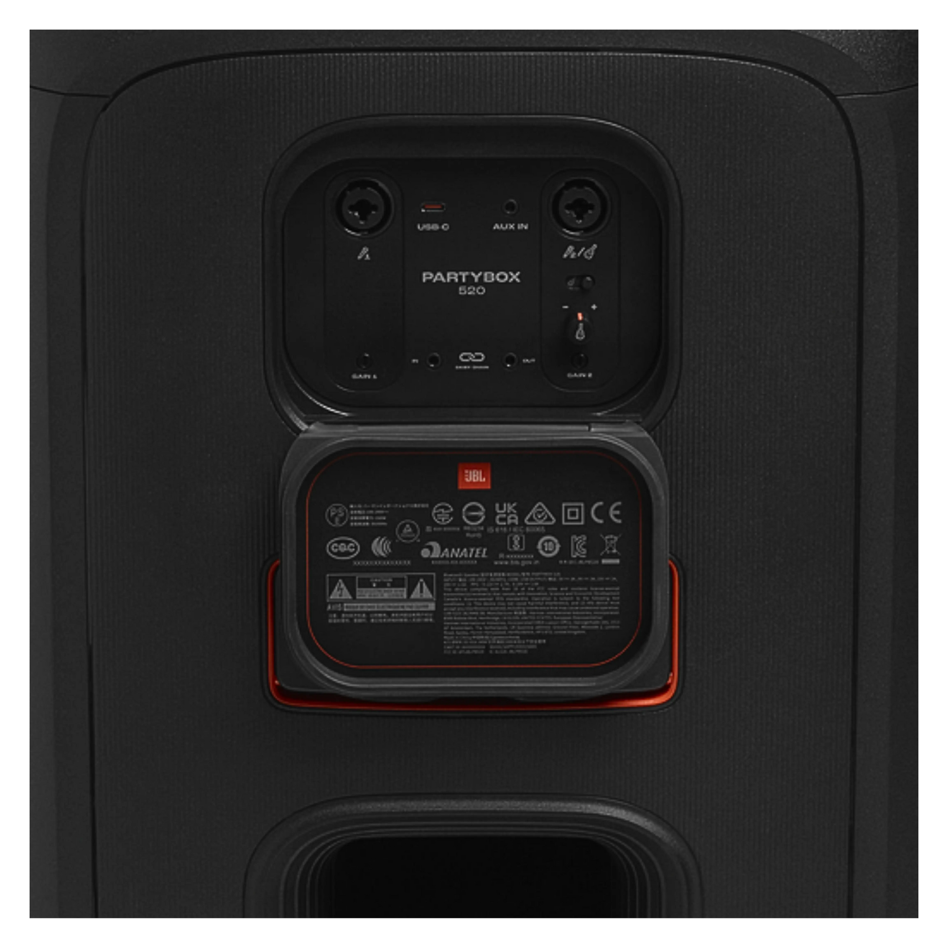 Open box JBL PartyBox 520 splashproof Bluetooth wireless party speaker in black, showing its rugged design and control panel.