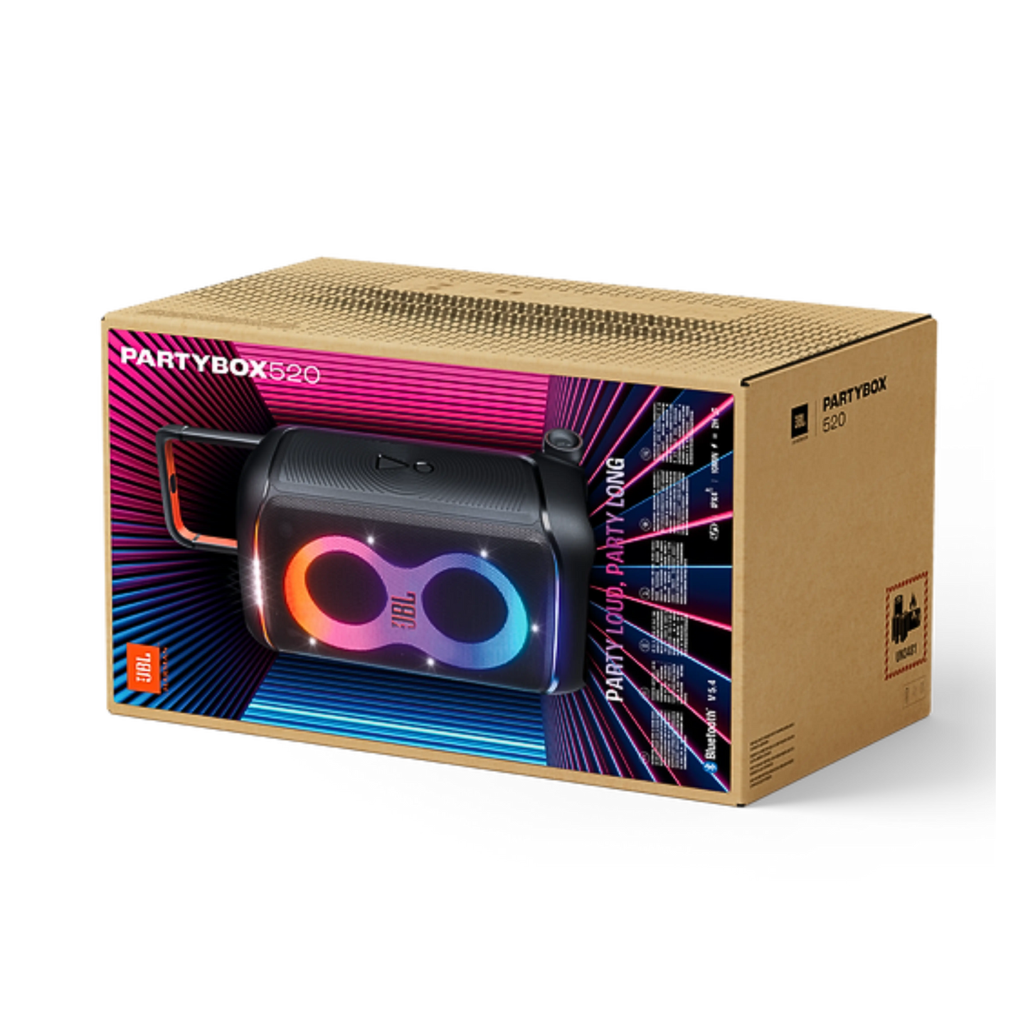 Open box JBL PartyBox 520 splashproof Bluetooth wireless party speaker in black, showing its rugged design and control panel.
