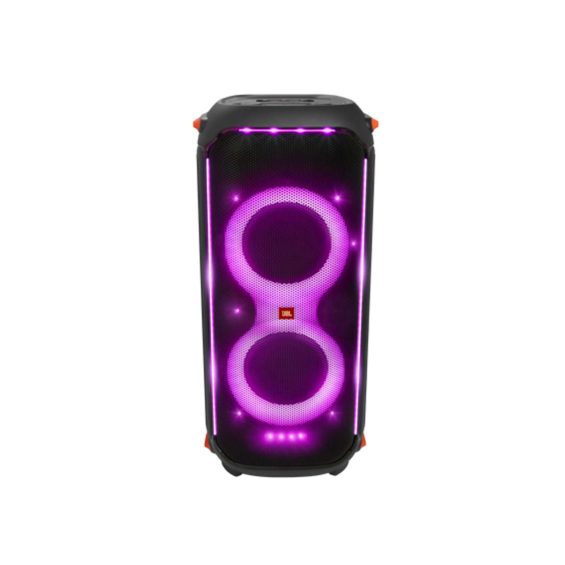 Open box JBL PartyBox 710 party speaker with built-in lights and splashproof design, shown with its sleek black exterior and control panel.