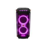 Open box JBL PartyBox 710 party speaker with built-in lights and splashproof design, shown with its sleek black exterior and control panel.