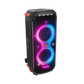 Open box JBL PartyBox 710 party speaker with built-in lights and splashproof design, showing the speaker's control panel and lighting features.