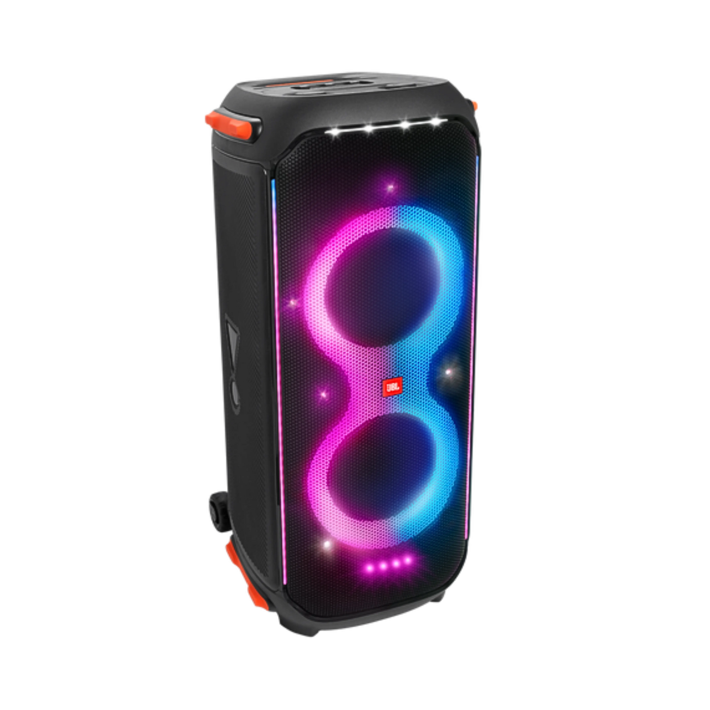 Open box JBL PartyBox 710 party speaker with built-in lights and splashproof design, showing the speaker's control panel and lighting features.