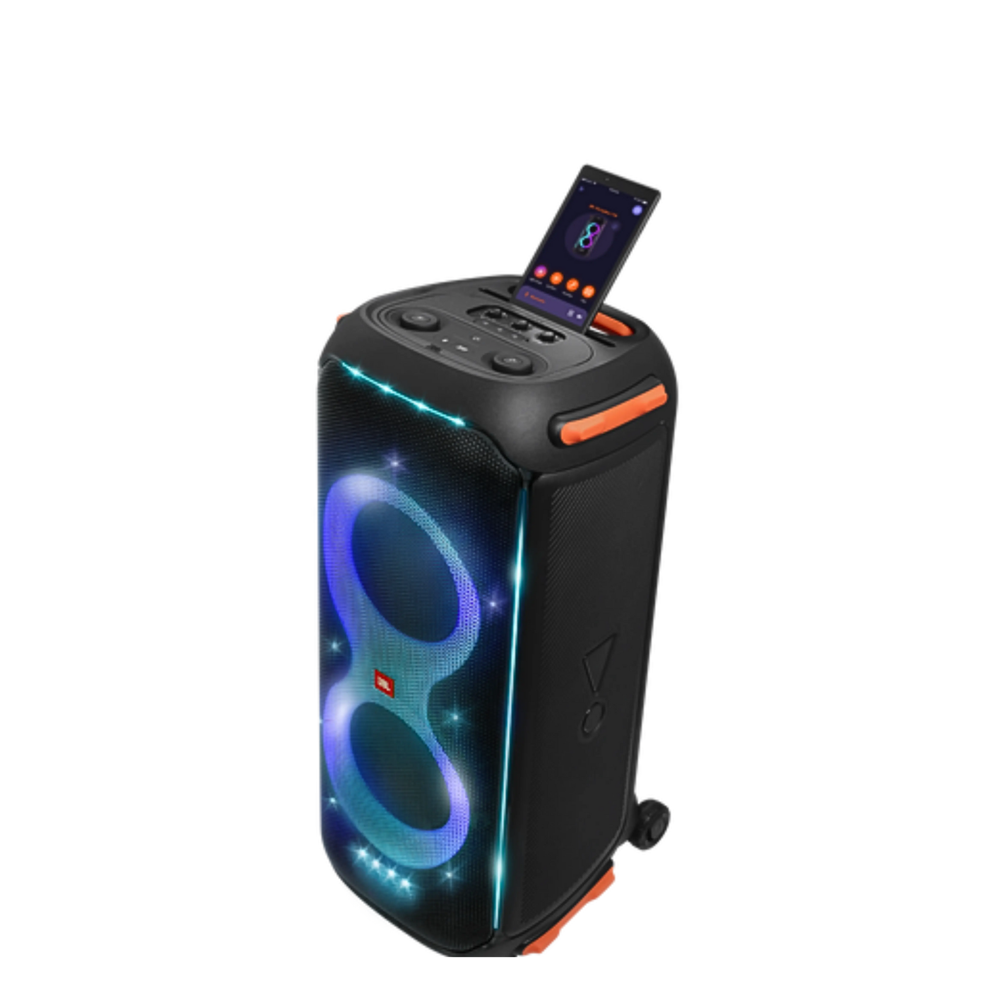 Open box JBL PartyBox 710 party speaker with built-in lights, splashproof design, and large speaker grille for vibrant music streaming.