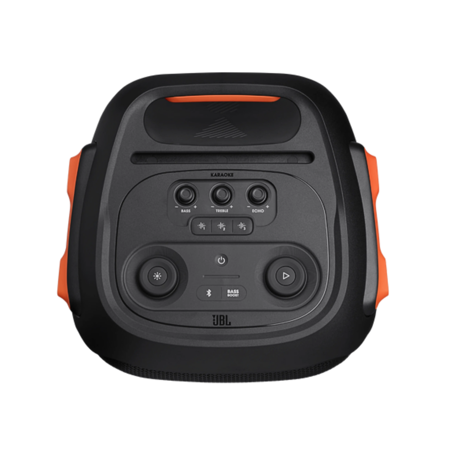 Open box JBL PartyBox 710 party speaker with built-in lights and splashproof design, showcasing its vibrant lighting and durable exterior.