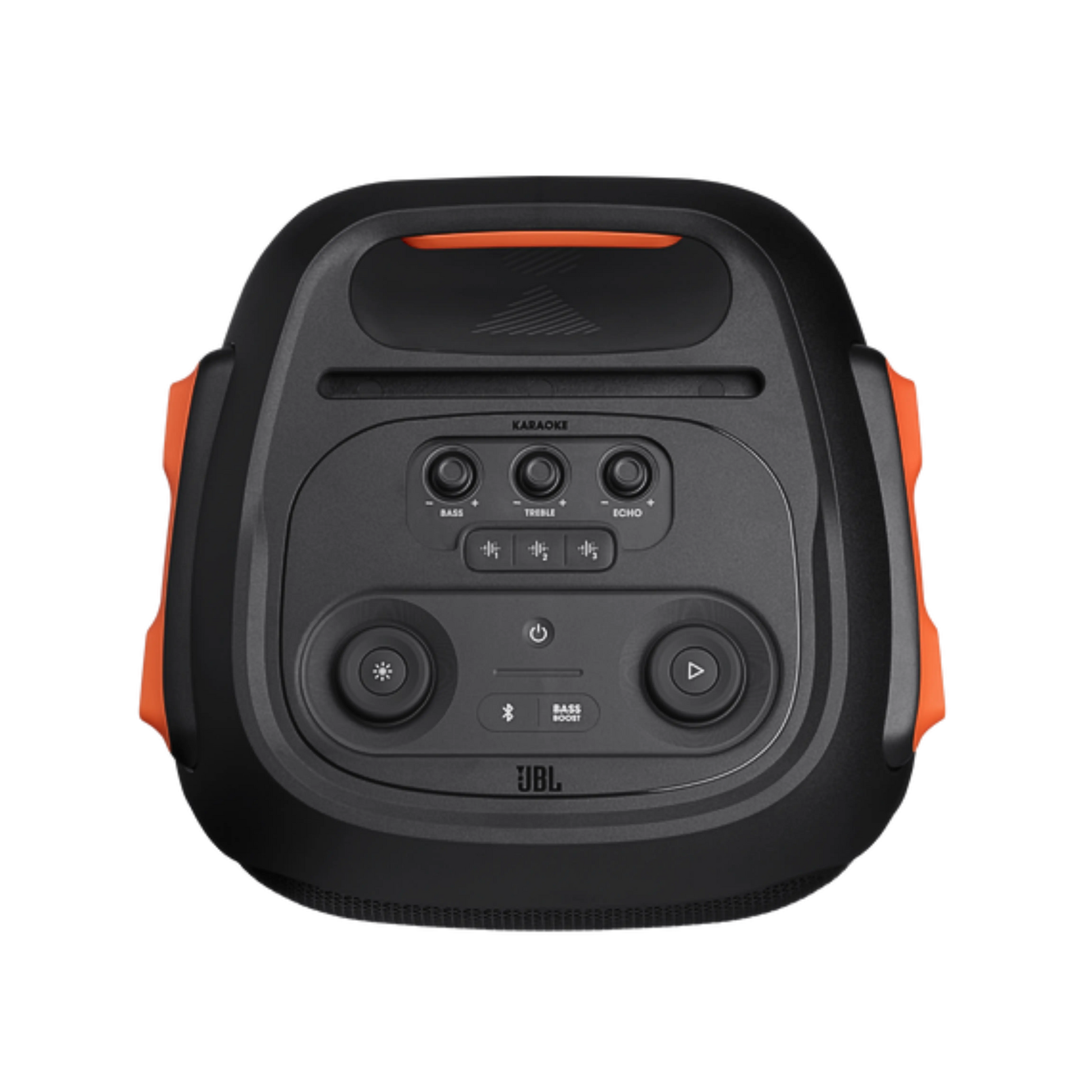 Open box JBL PartyBox 710 party speaker with built-in lights and splashproof design, showcasing its vibrant lighting and durable exterior.