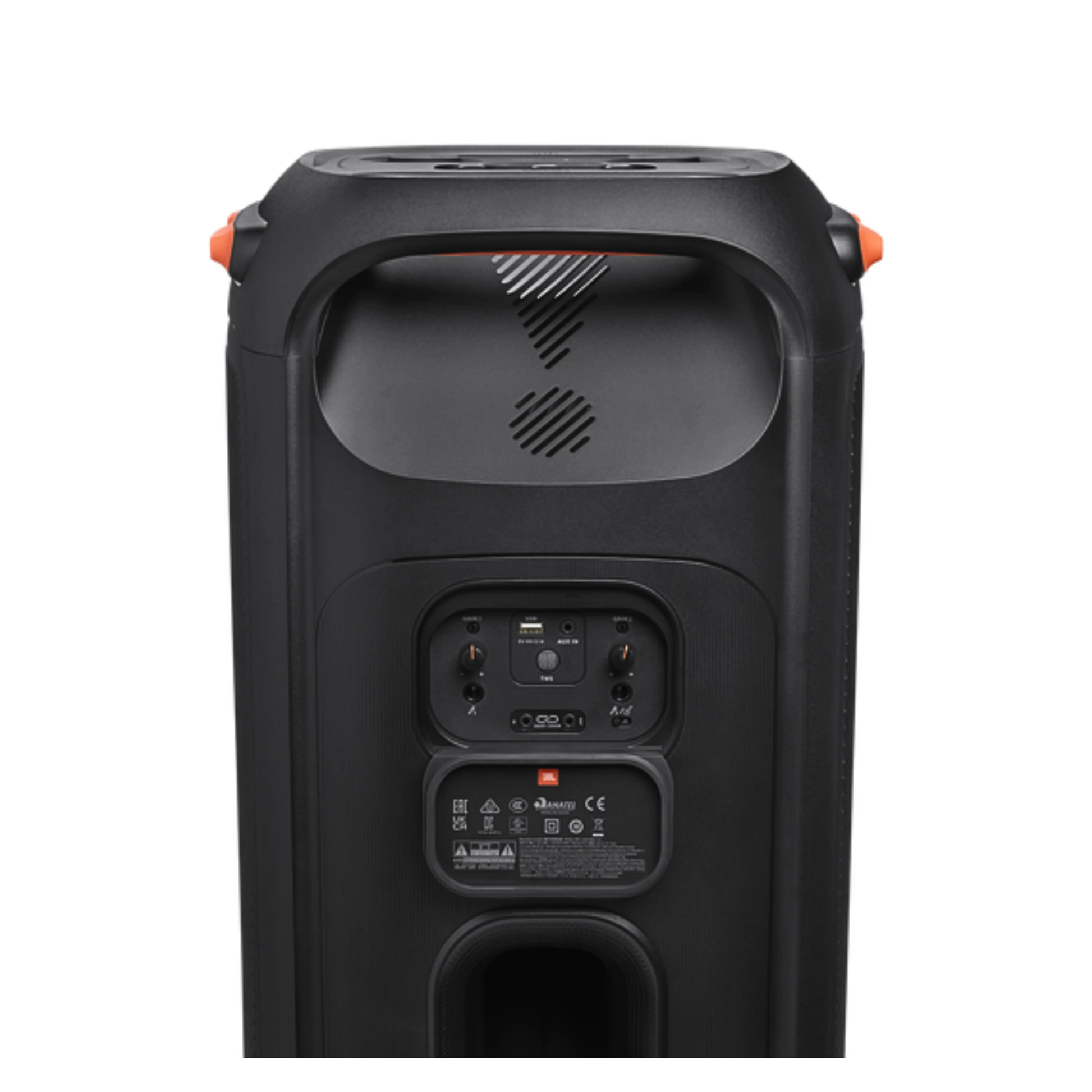 Open box JBL PartyBox 710 party speaker with built-in lights and splashproof design, showcasing its robust, portable audio features.