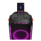 Open box JBL PartyBox 710 party speaker showing built-in lights, splashproof design, and rugged exterior for vibrant music parties.