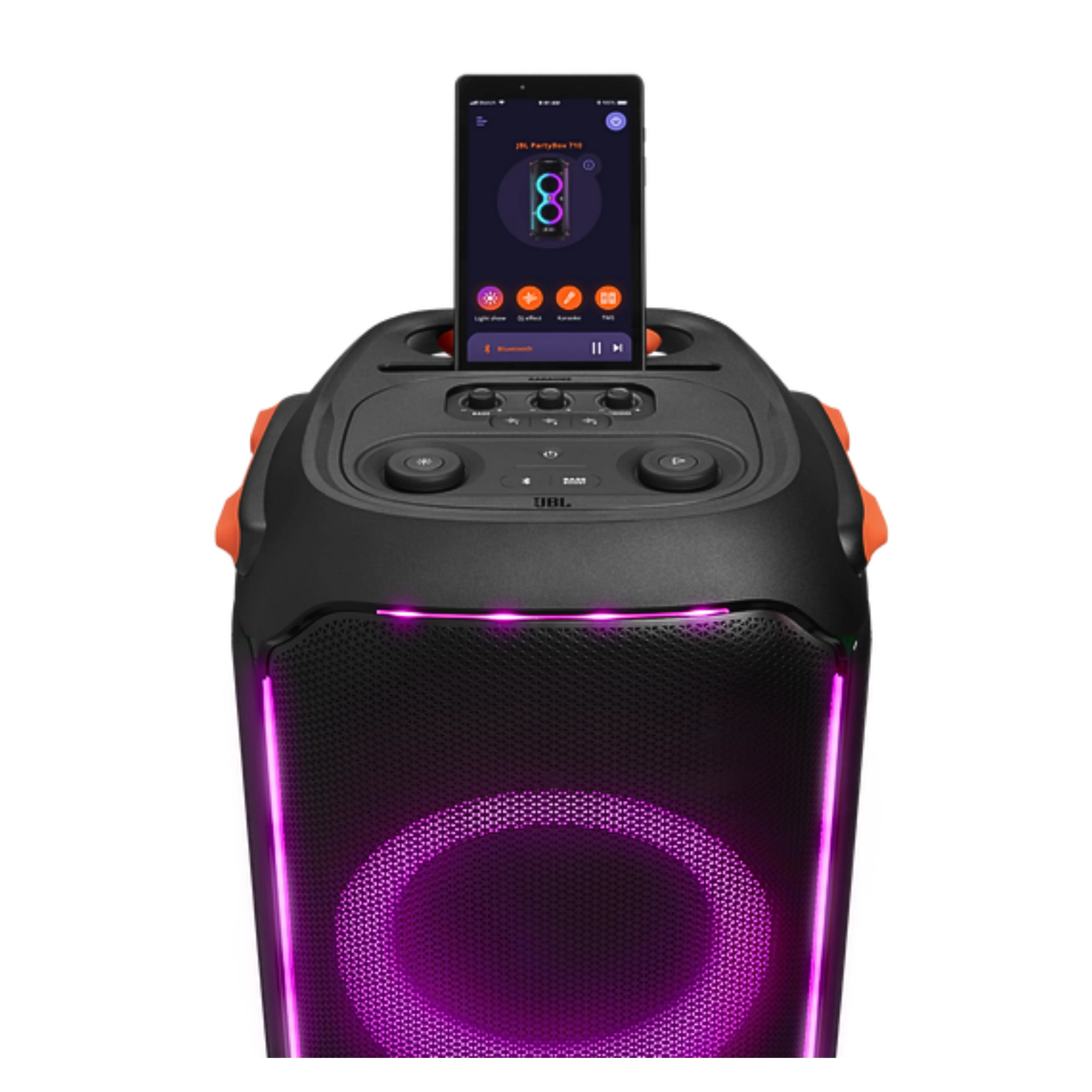 Open box JBL PartyBox 710 party speaker showing built-in lights, splashproof design, and rugged exterior for vibrant music parties.