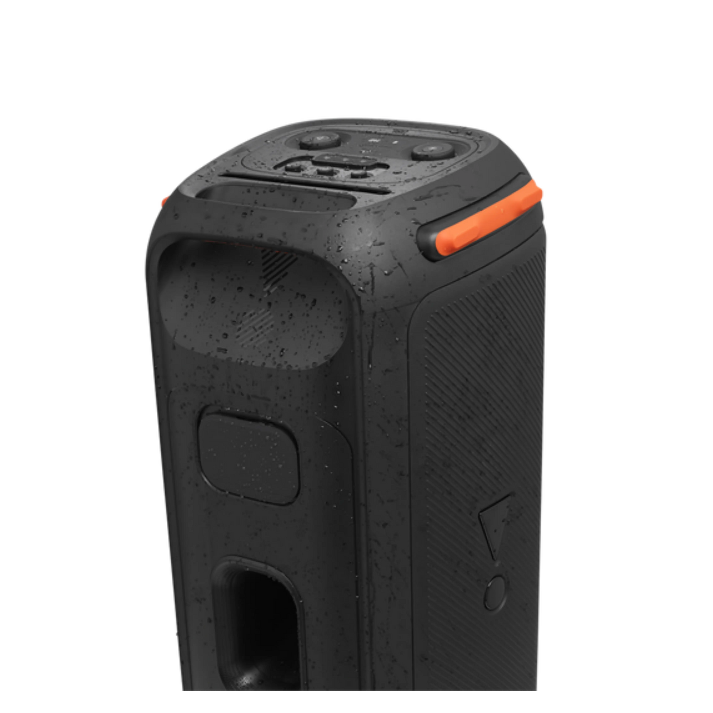 Open box JBL PartyBox 710 party speaker with built-in lights and splashproof design, showcasing its front view with illuminated controls.