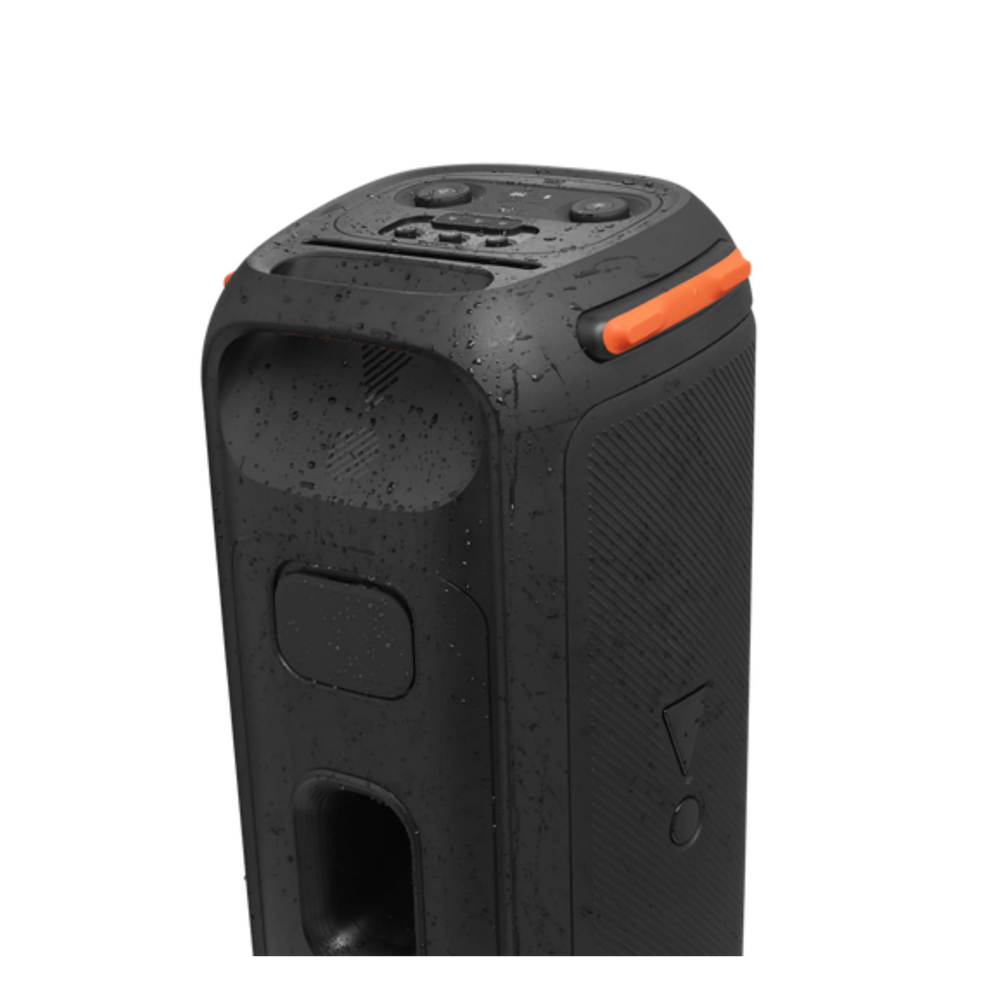 Open box JBL PartyBox 710 party speaker with built-in lights and splashproof design, showcasing its front view with illuminated controls.
