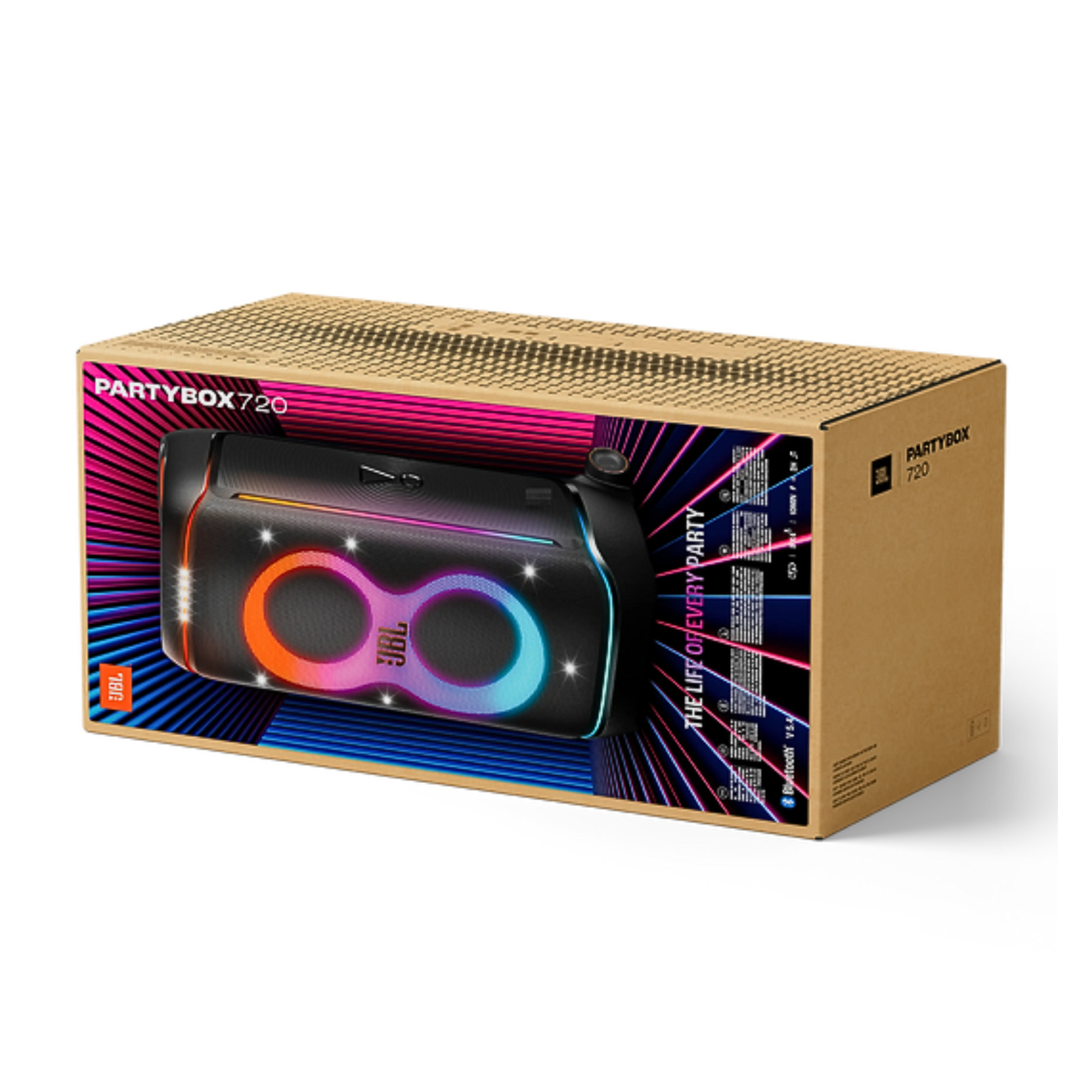 Open box JBL Partybox 720 splashproof Bluetooth wireless party speaker in black showing its large speaker grille and control panel.