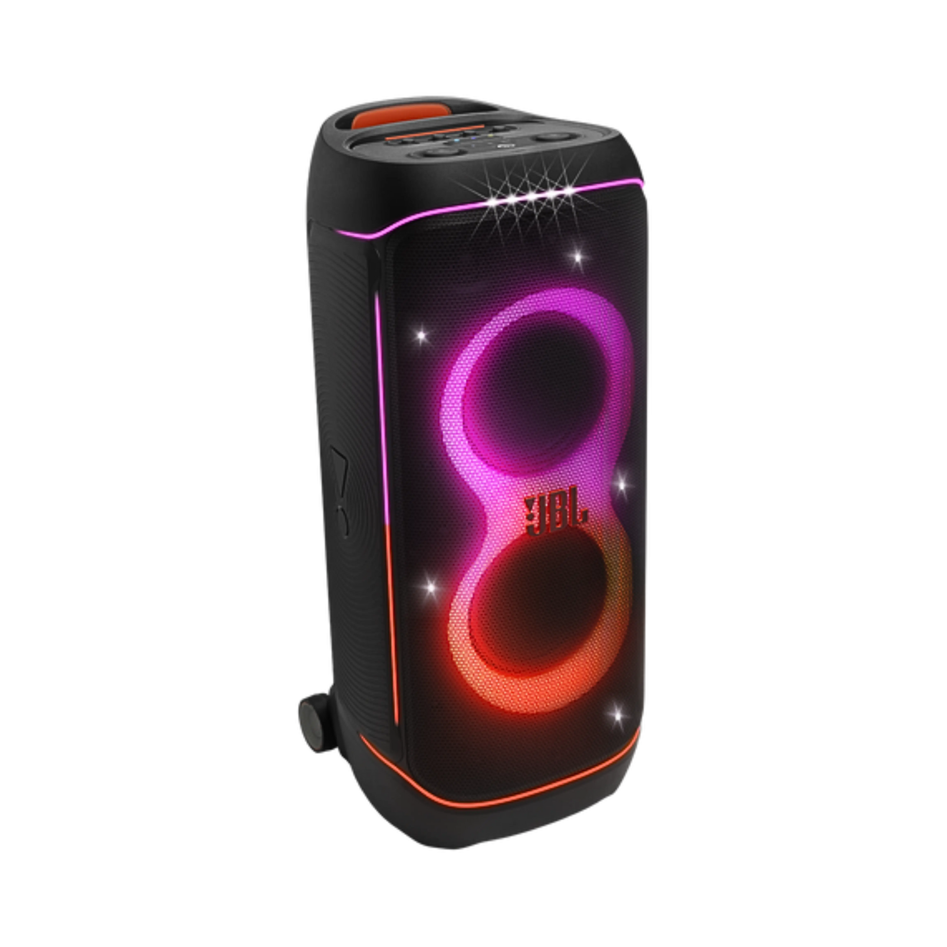 Open box JBL Partybox 720 splashproof Bluetooth wireless party speaker in black, showcasing its rugged design and control panel.