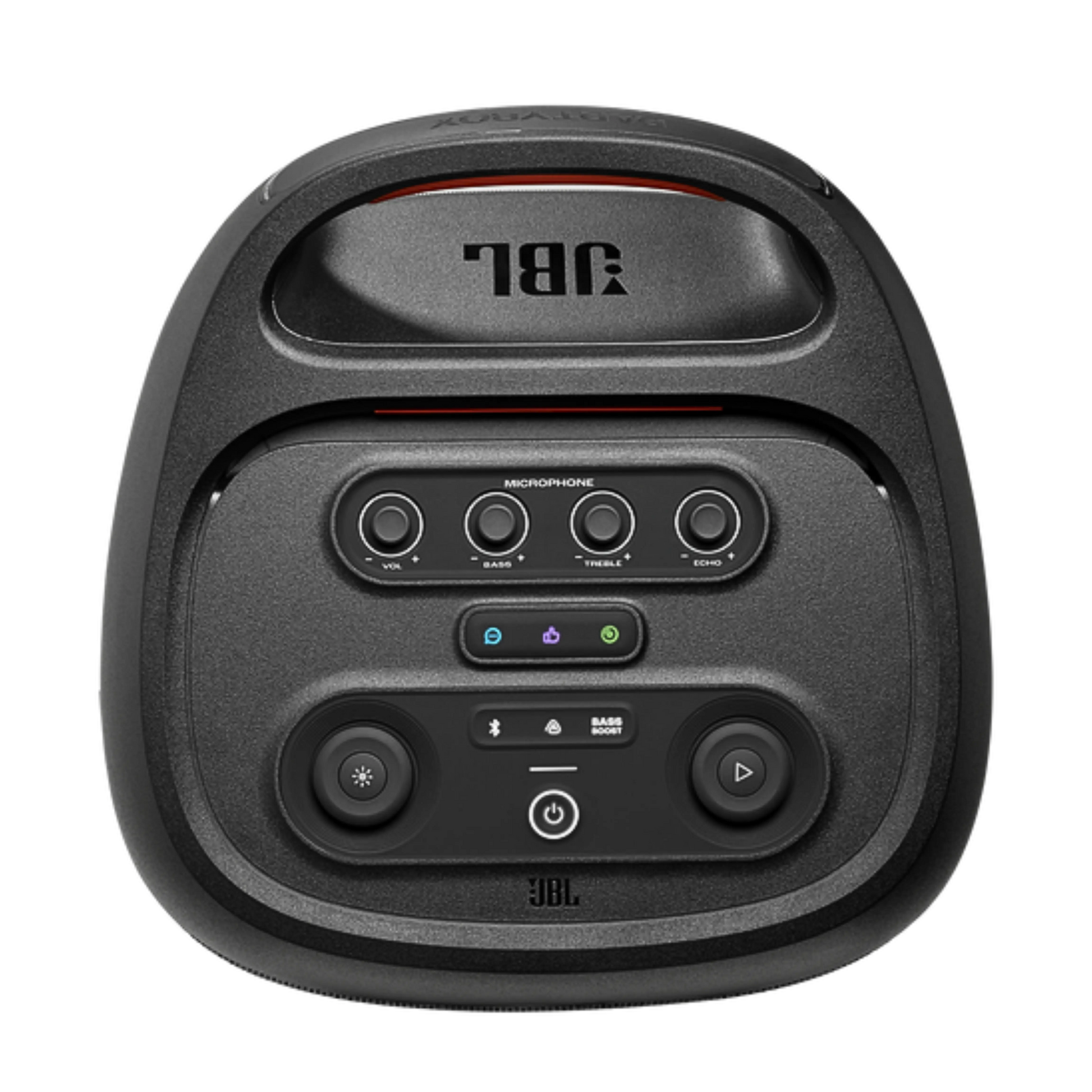 Open box JBL Partybox 720 splashproof Bluetooth wireless party speaker in black, showing its large speaker grille and control panel.