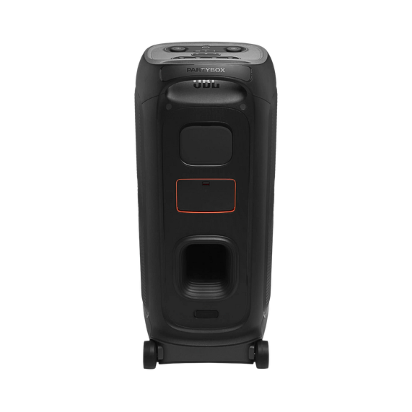Open box JBL Partybox 720 splashproof Bluetooth wireless party speaker in black, showing its large speaker grille and control panel.