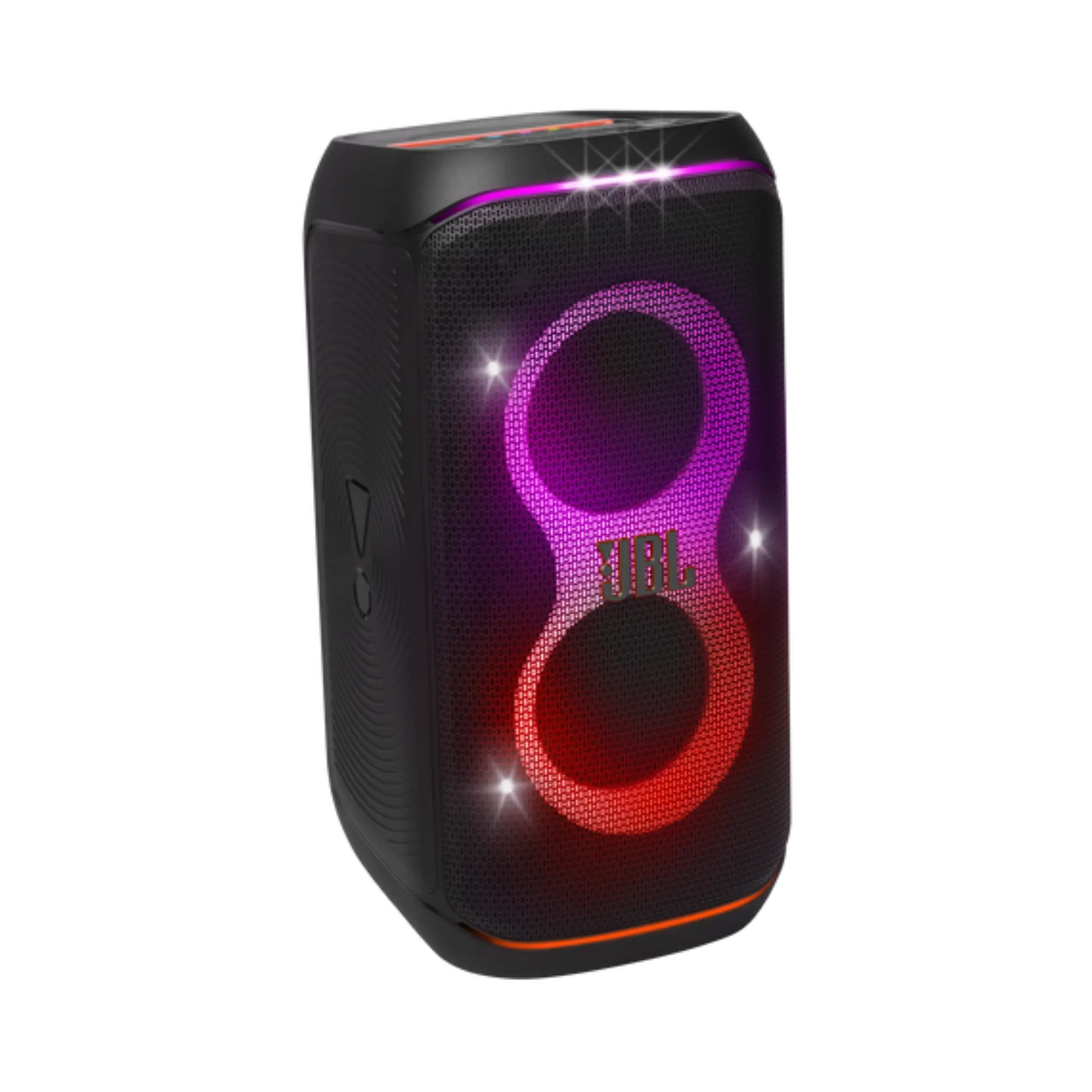 Open box JBL PartyBox Club 120 splashproof Bluetooth wireless speaker in black, showing its rugged design and control panel.