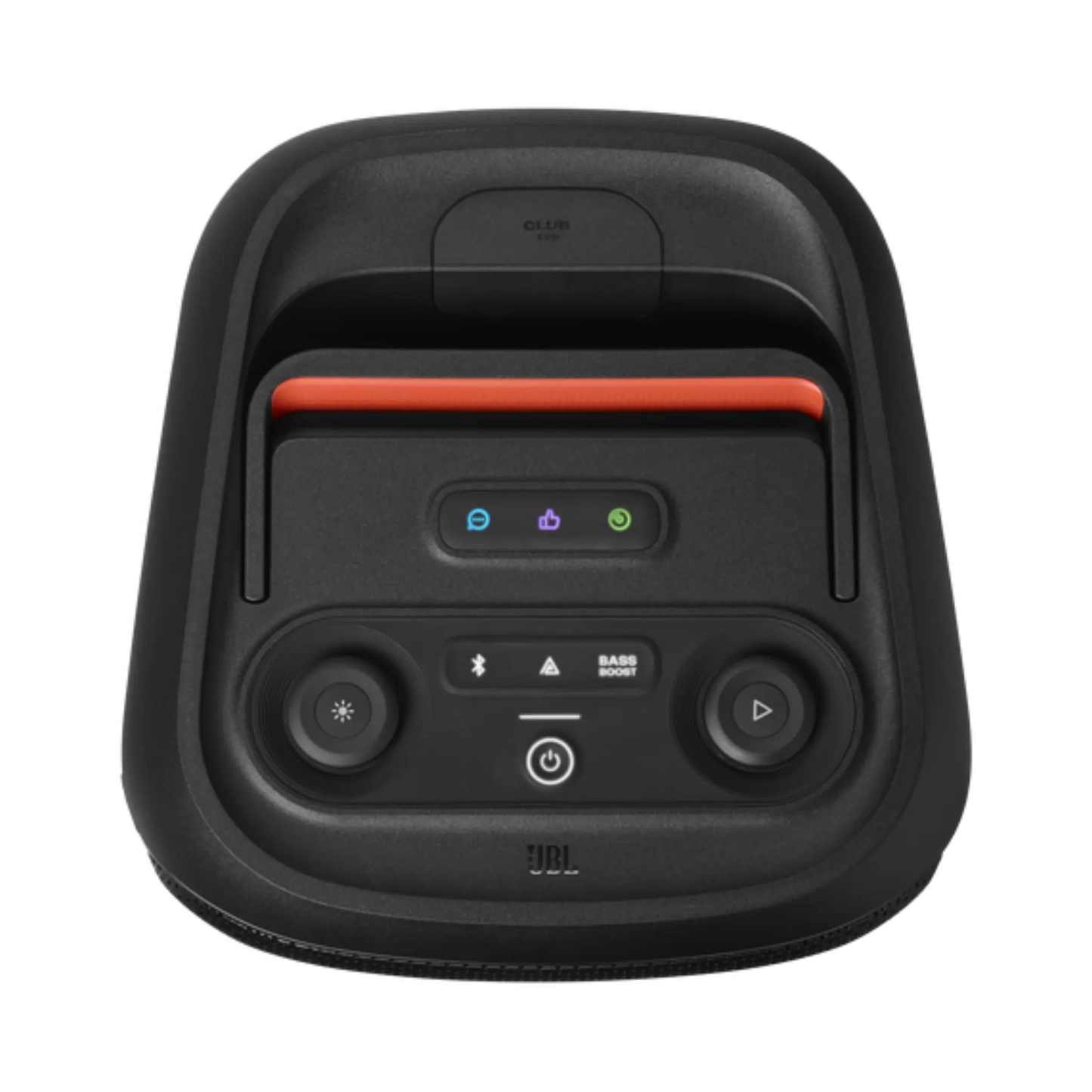 Open box JBL PartyBox Club 120 splashproof Bluetooth wireless speaker in black, showcasing its rugged design and control panel.