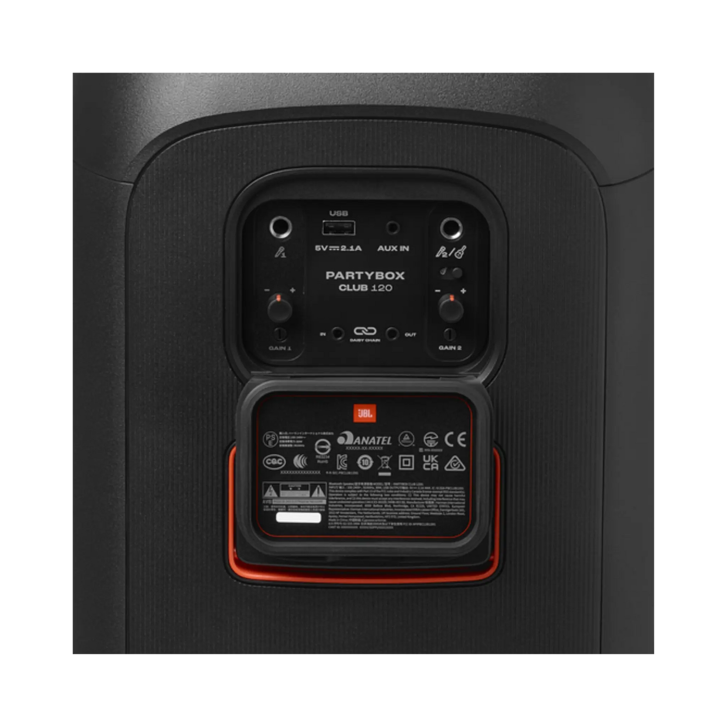 Open box JBL PartyBox Club 120 splashproof Bluetooth wireless speaker in black, showing its rugged design and control panel.