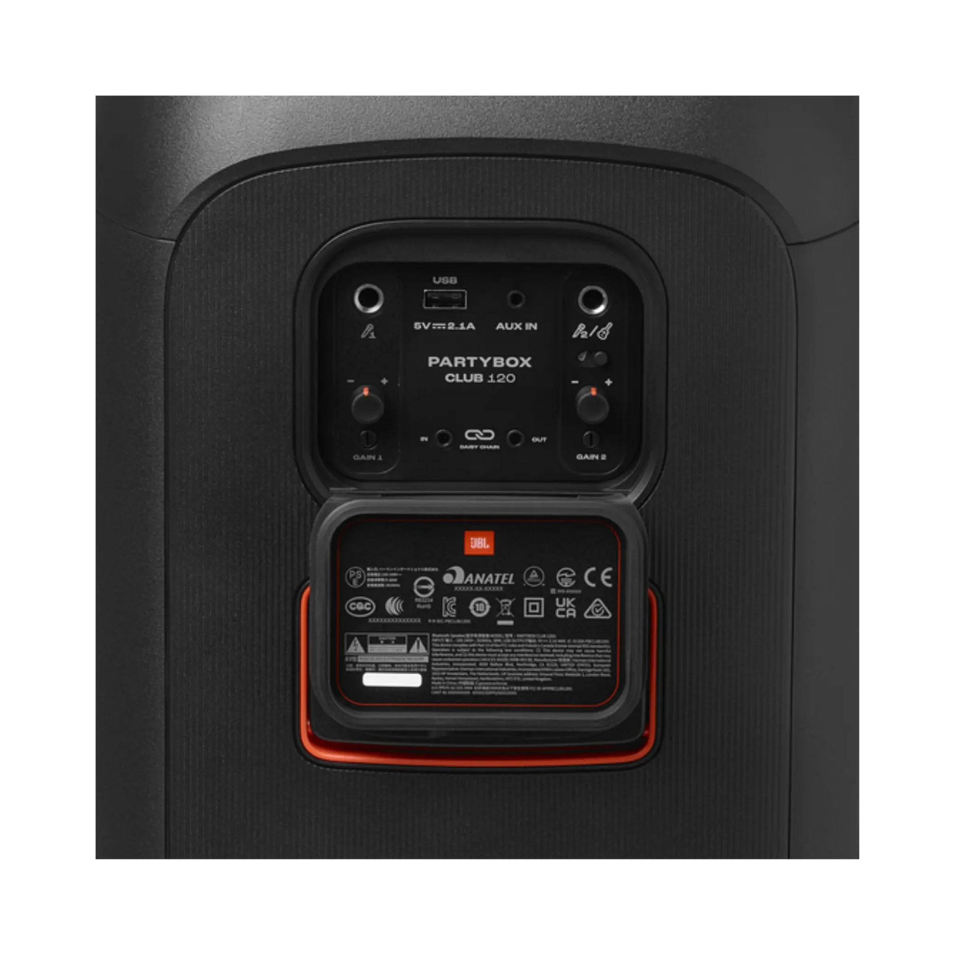 Open box JBL PartyBox Club 120 splashproof Bluetooth wireless speaker in black, showing its rugged design and control panel.