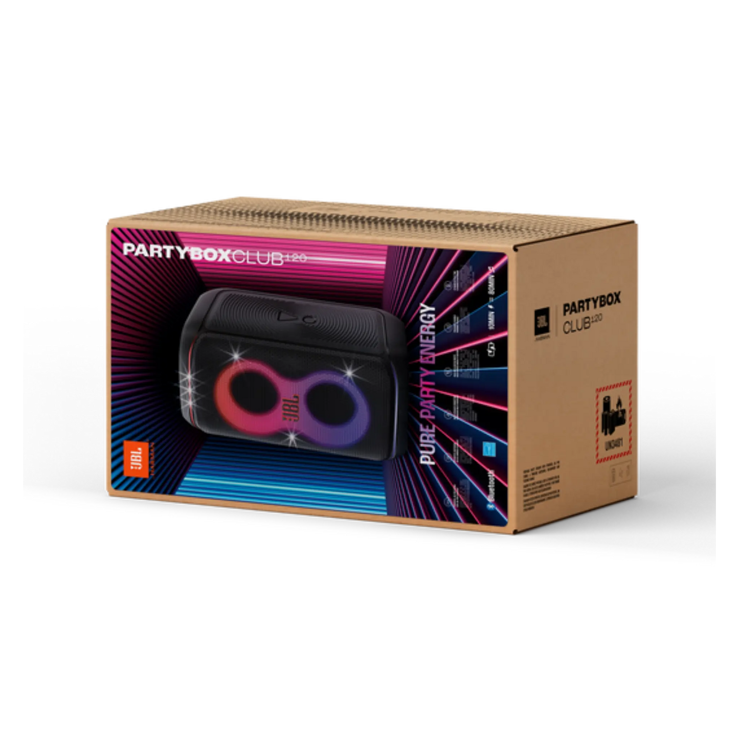 Open box JBL PartyBox Club 120 splashproof Bluetooth wireless speaker in black, showcasing its large speaker grille and control panel.