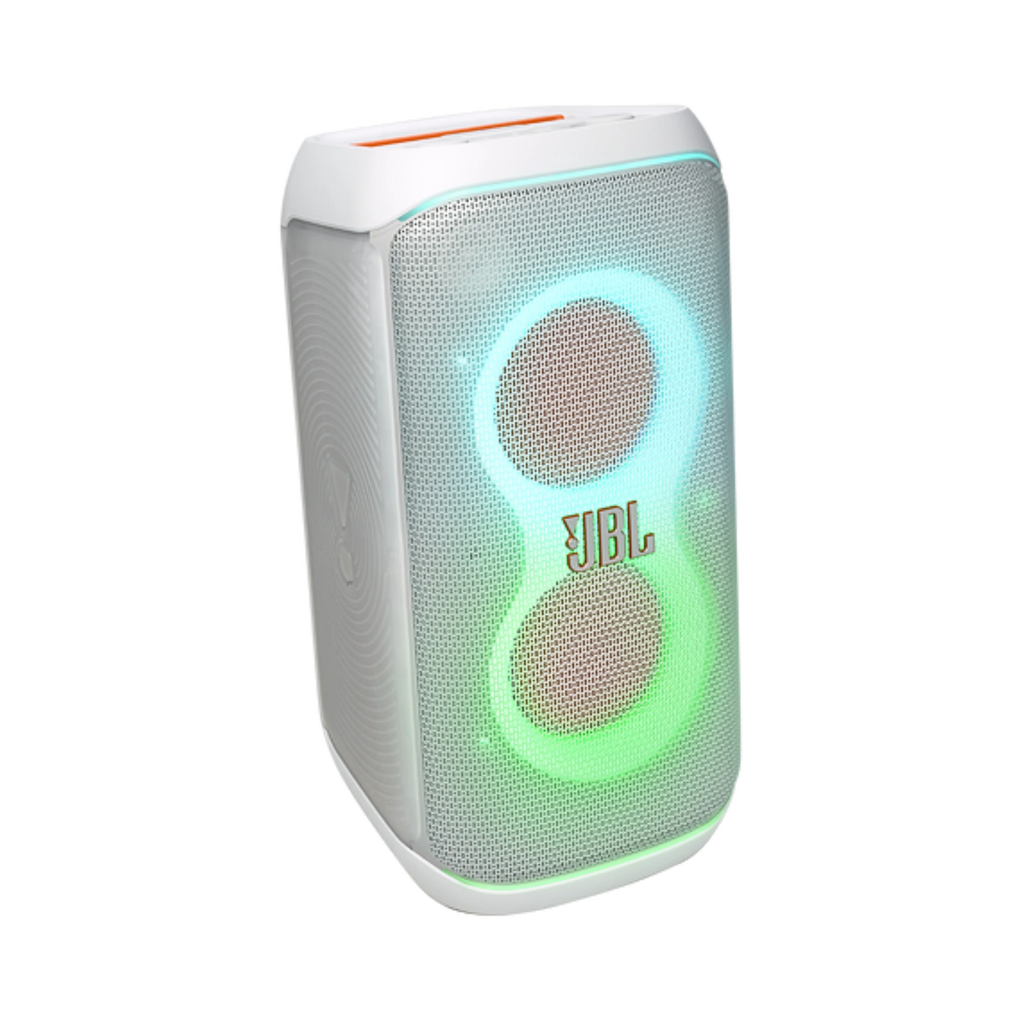 Open box JBL PartyBox Club 120 splashproof Bluetooth wireless speaker in white, showing its rugged design and control panel.