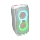 Open box JBL PartyBox Club 120 splashproof Bluetooth wireless speaker in white, showing its rugged design and control panel.