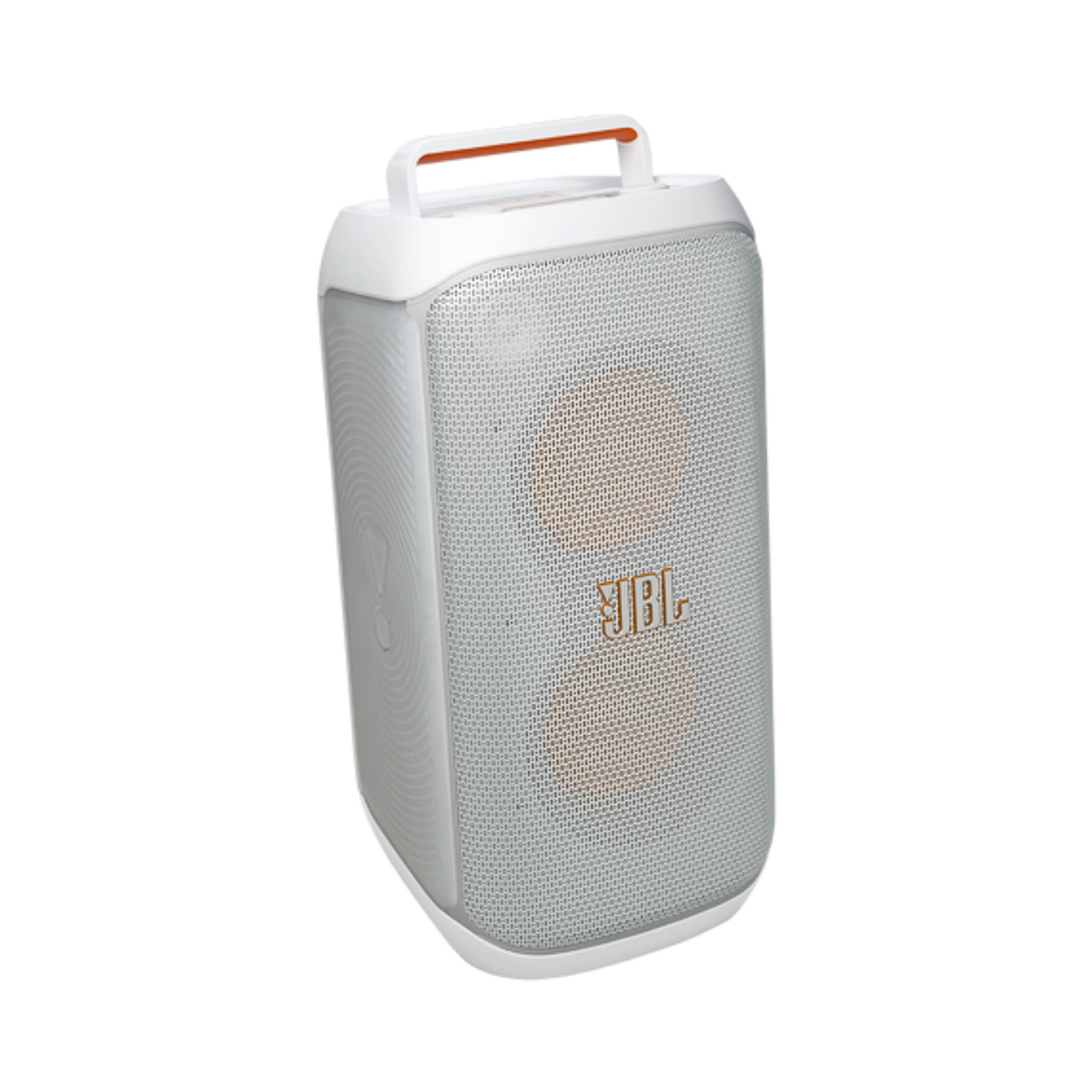Open box JBL PartyBox Club 120 splashproof Bluetooth wireless speaker in white, showing its compact design and control panel.