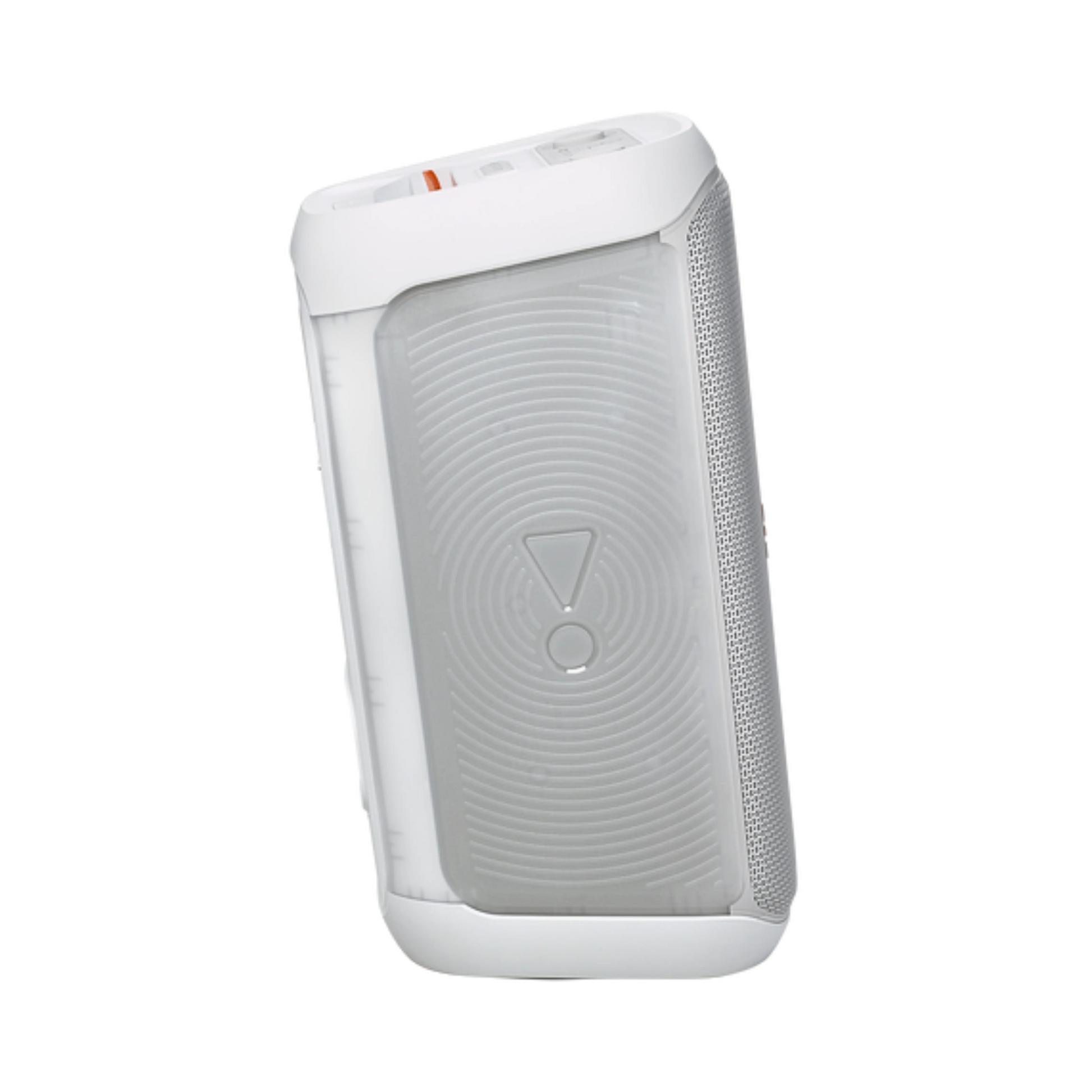 Open box JBL PartyBox Club 120 splashproof Bluetooth wireless speaker in white, showing its compact design and control panel.