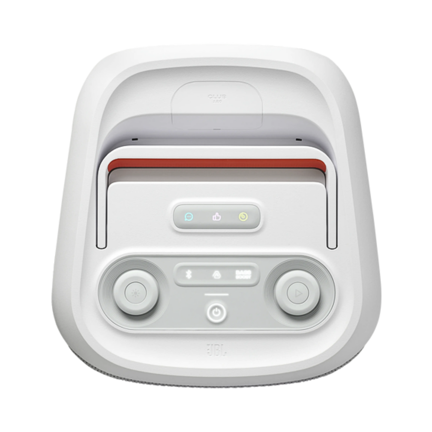 Open box JBL PartyBox Club 120 splashproof Bluetooth wireless speaker in white, showcasing its large speaker grille and control panel.